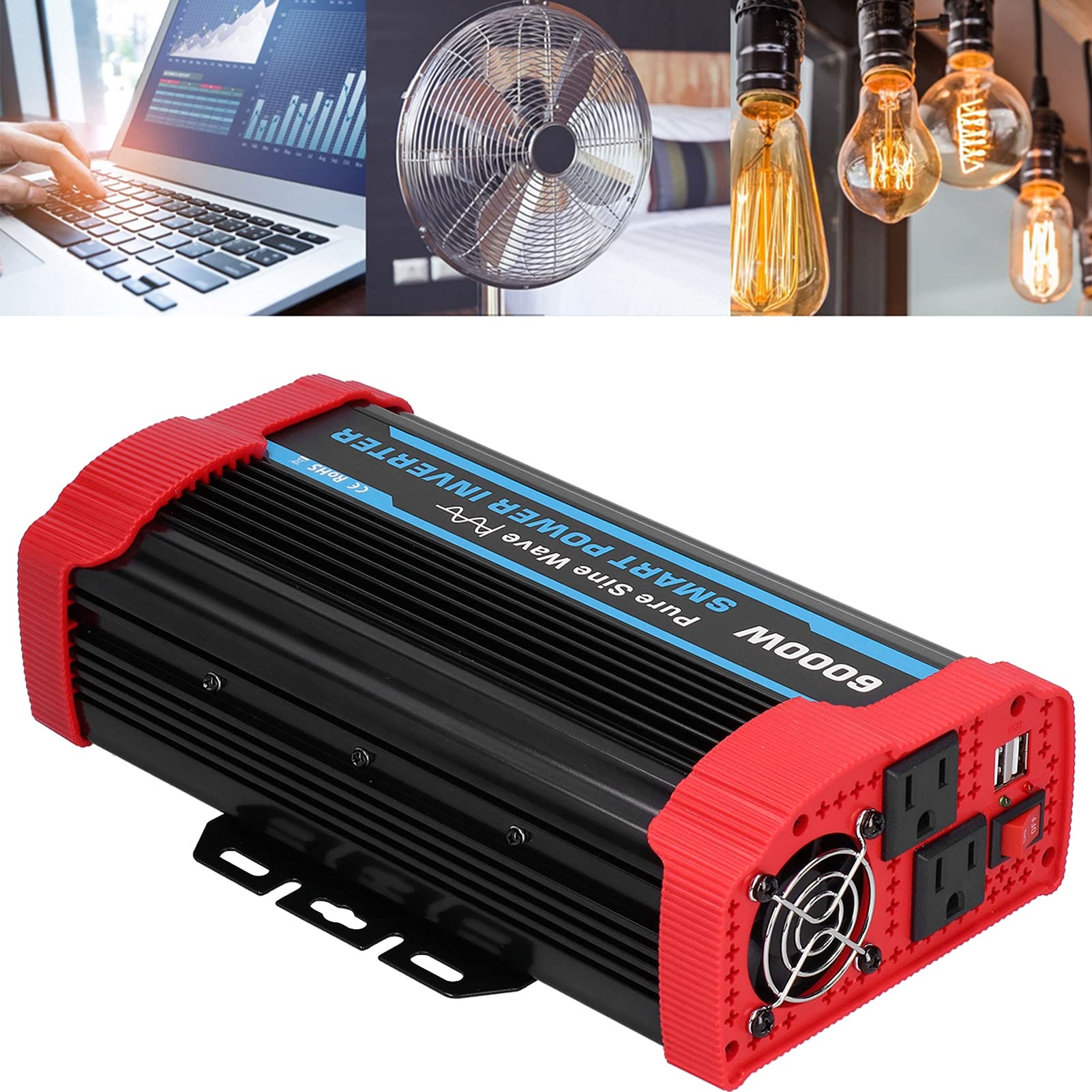 Inverter di potenza di picco 6000W continuo/12000W, convertitore DC 12V a 220V-240V AC 4 Ventole di raffreddamento integrate, inverter universale a onda sinusoidale pura per veicoli 12V