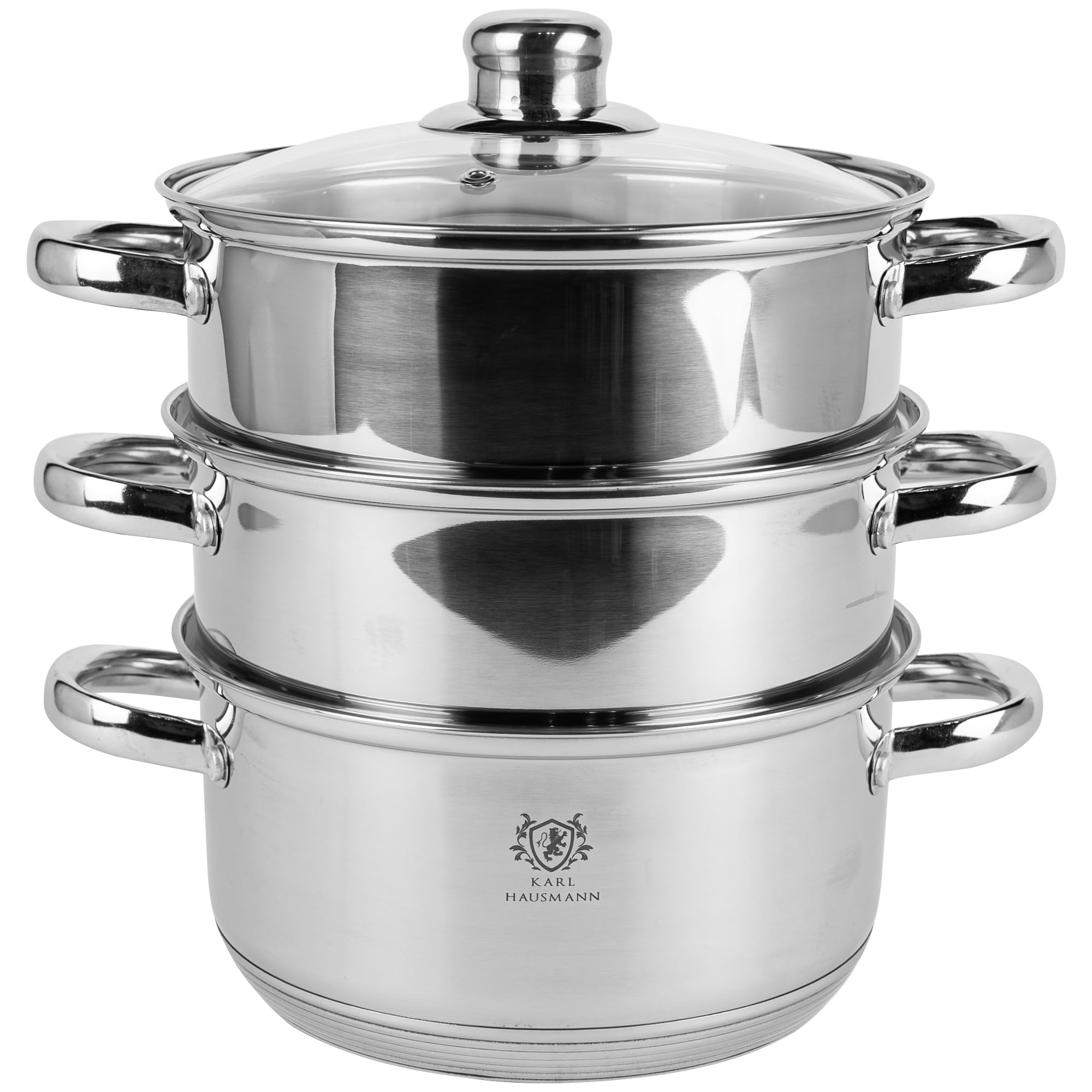 KARL HAUSMANN Dampfgarer Topf 3,3L 20 cm - Dampftopf Aus Edelstahl Für Induktion, Dampfkochtopf Mit 3 Garebenen Und Glasdeckel, Gemüsedämpfer Für Gemüse, Fisch, Dumplings Und Kartoffeln