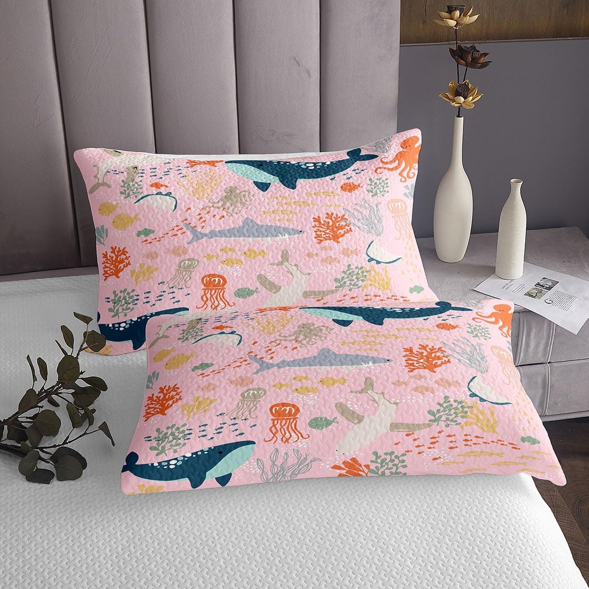Castle Fairy Ocena Life Bedspread Queen Size,Sea Whale Fish Shark Bedding Set Colorful Coral Plant Comforter Set for Kids Girls Boys Teens Room Decor,Underwater World Animal Coverlet,2 Pillowcases