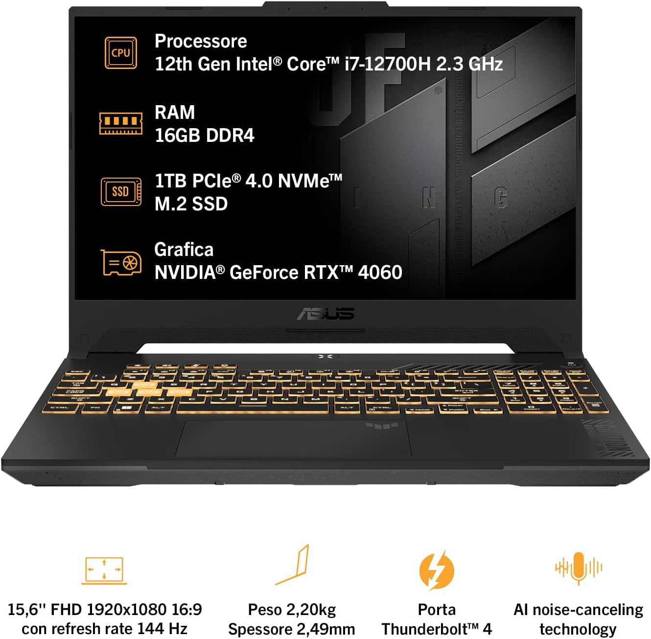 ASUS TUF F15 FX507ZV4, Notebook Gaming 15,6" Anti-Glare, 144Hz, Intel Core 12ma gen i7-12700H, RAM 16GB, 1TB SSD PCIE, Grafica NVIDIA GeForce RTX 4060 8GB GDDR6, Windows 11 Home, Grigio Intel Core i7-12700H RAM 16GB / 1TB SSD NVIDIA RTX 4060 - Immagine 2