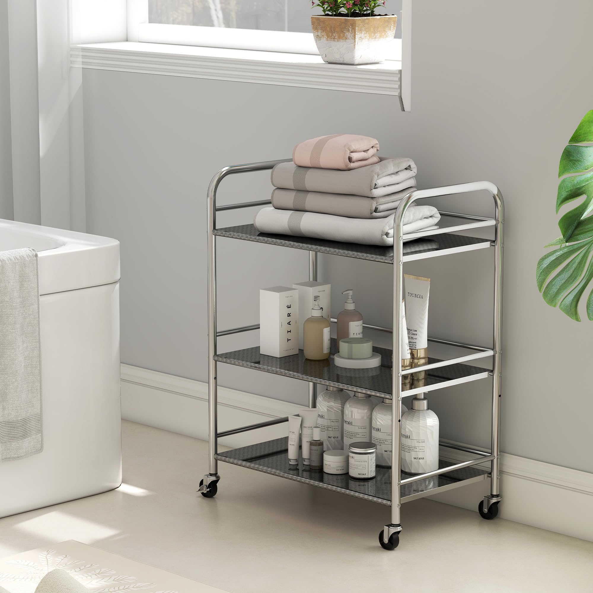 HOMCOM Carrito Auxiliar con Ruedas de Acero Inoxidable, Carro de Servicio de 3 Niveles con Estante Ajustable, 4 Ruedas, Carrito para Cocina, Restaurante, 60x35x77 cm, Plata