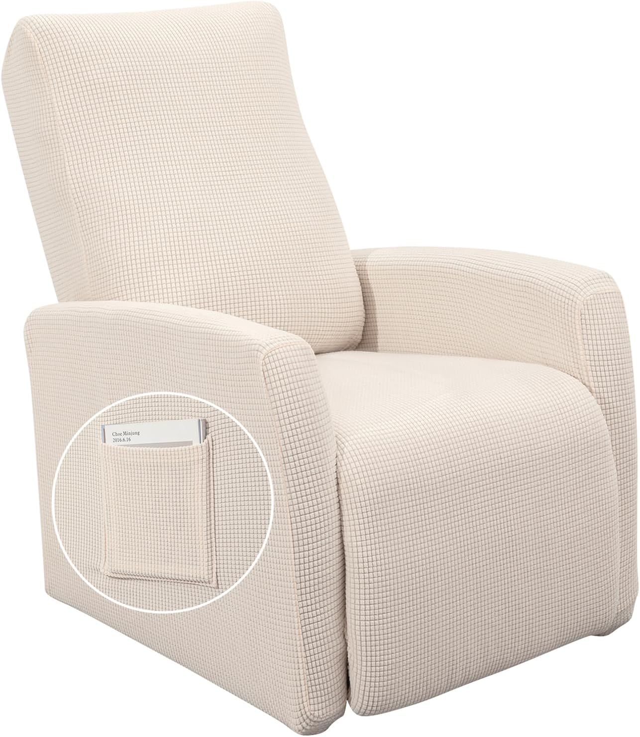 SearchI Recliner Chair Cover Jacquard Chair Covers 4 Piece, Small Recliner Sofa Slipcover for Home Theater Seating with Elastic Bottom, Recliner Protector with Pocket for Recliners, Beige