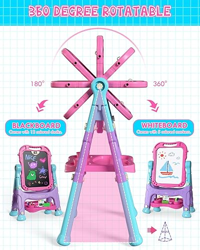 Miniatura 9 de Lehoo Castle Caballete para niños, caballete de arte de doble cara para niños con pizarra blanca magnética, caballete ajustable para niños pequeños