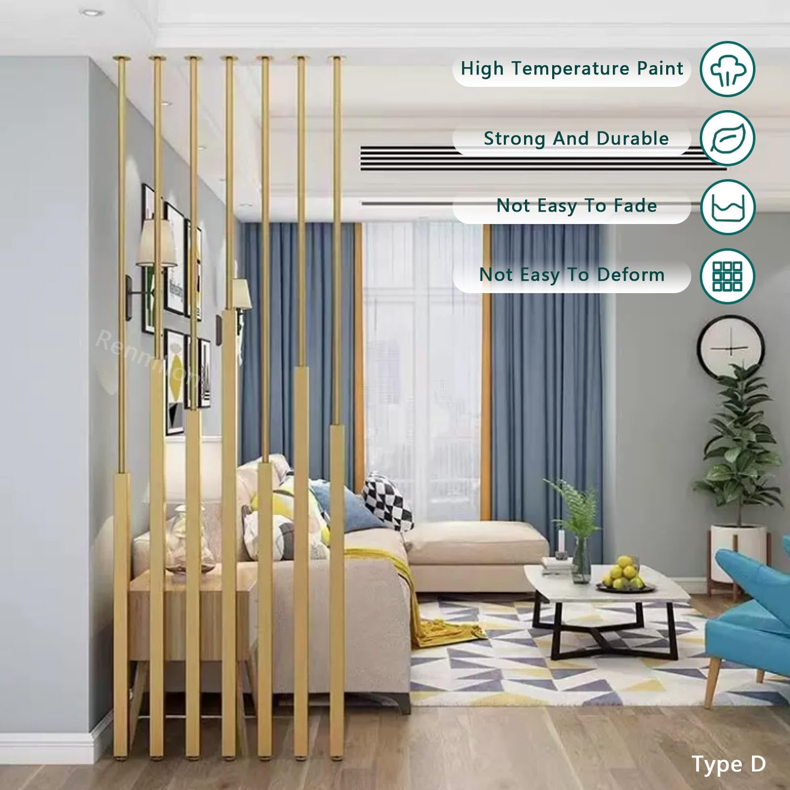 7 separadores de habitación de metal de 112 pulgadas de alto, paneles de división de techo a suelo para decoración de oficina y sala de estar, elegantes separadores de espacio (D 285 cm)