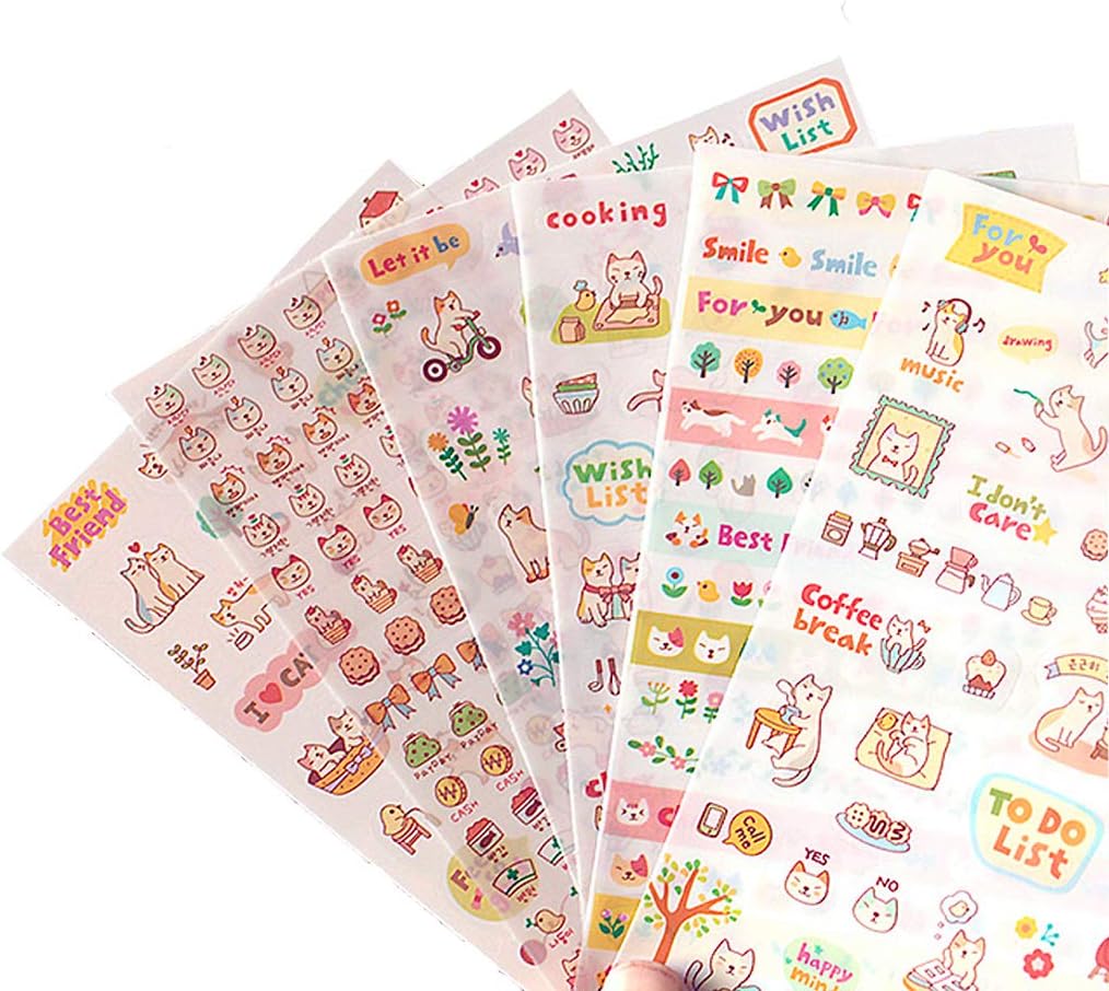 Lovely Cat Kitten Kitty Stickers, Super Cute Small Assorted Stickers Pack for Diary Scrap Book Kids Craft Cartoon Scrapbooking Album Dรฉcor Decoration, Korean School Office Stationery, 18-Sheets