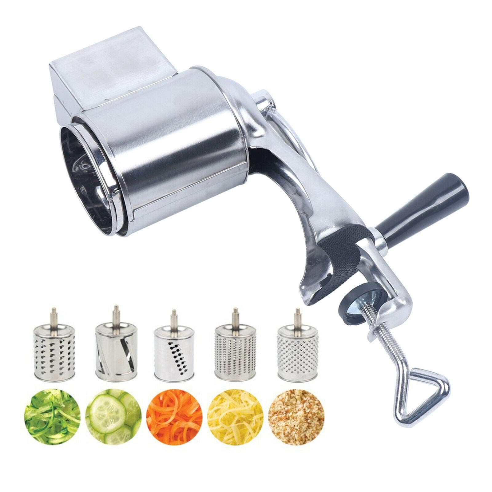 Grattugia per verdure e verdure, multifunzione, rotante, in acciaio inox, manuale, con 5 tamburi, taglierina da cucina per formaggio, verdure, noci