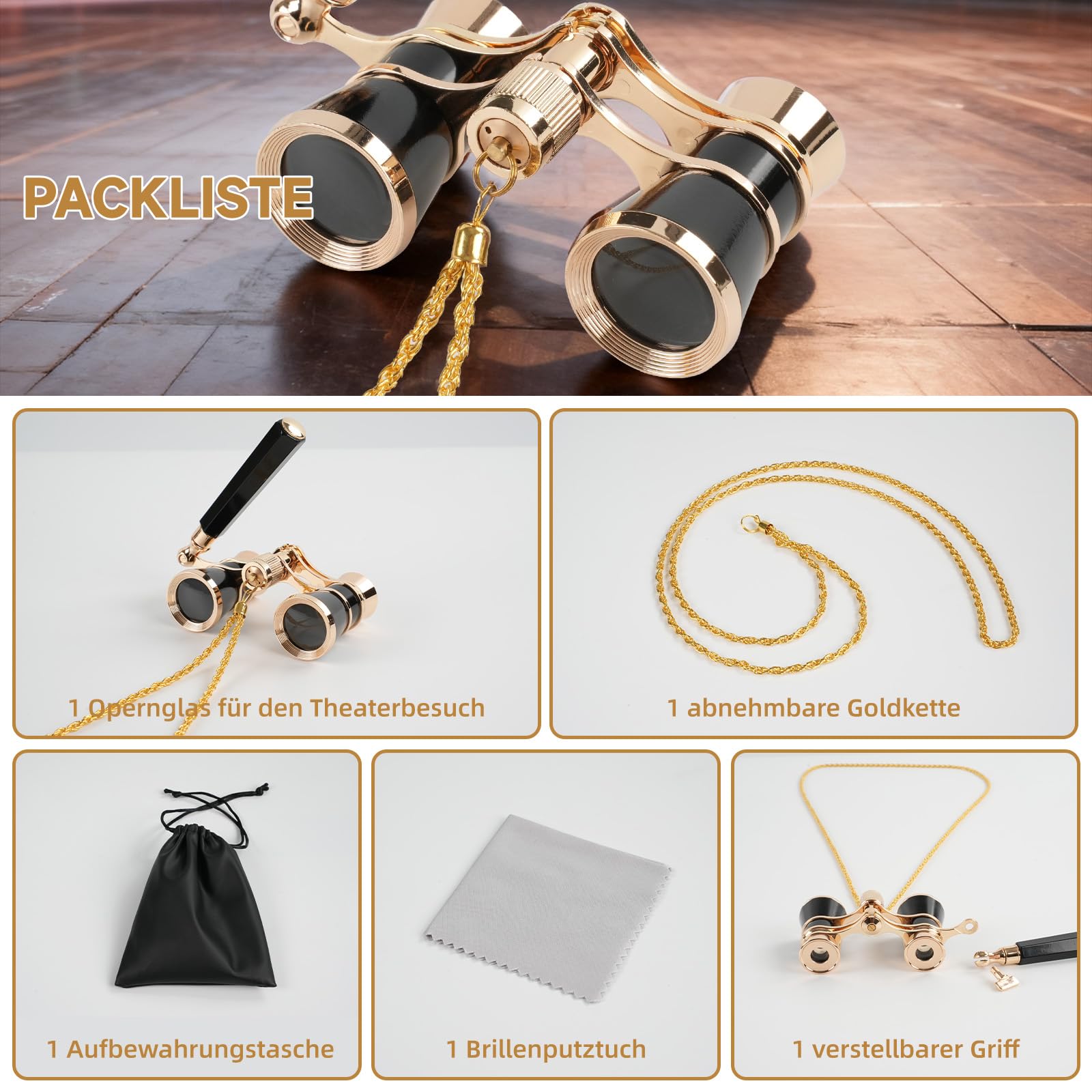 Binocolo da Teatro 3x25, Nero - Lenti BK7 Ottiche, Manico Regolabile e Catena - Design Vintage Compatto per Opera, Concerti e Sport - Regalo per Adulti e Bambini