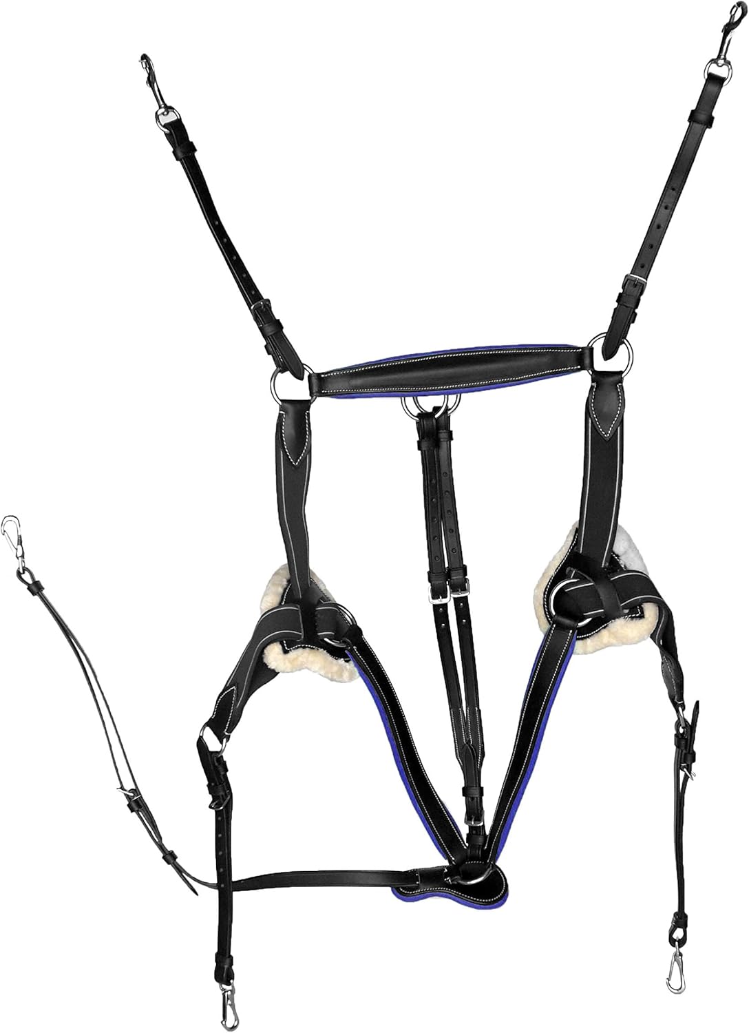 Leather Pony Size 5 Point Elastic Breastplate and Running Attachment with Color Trim (Black with Blue)