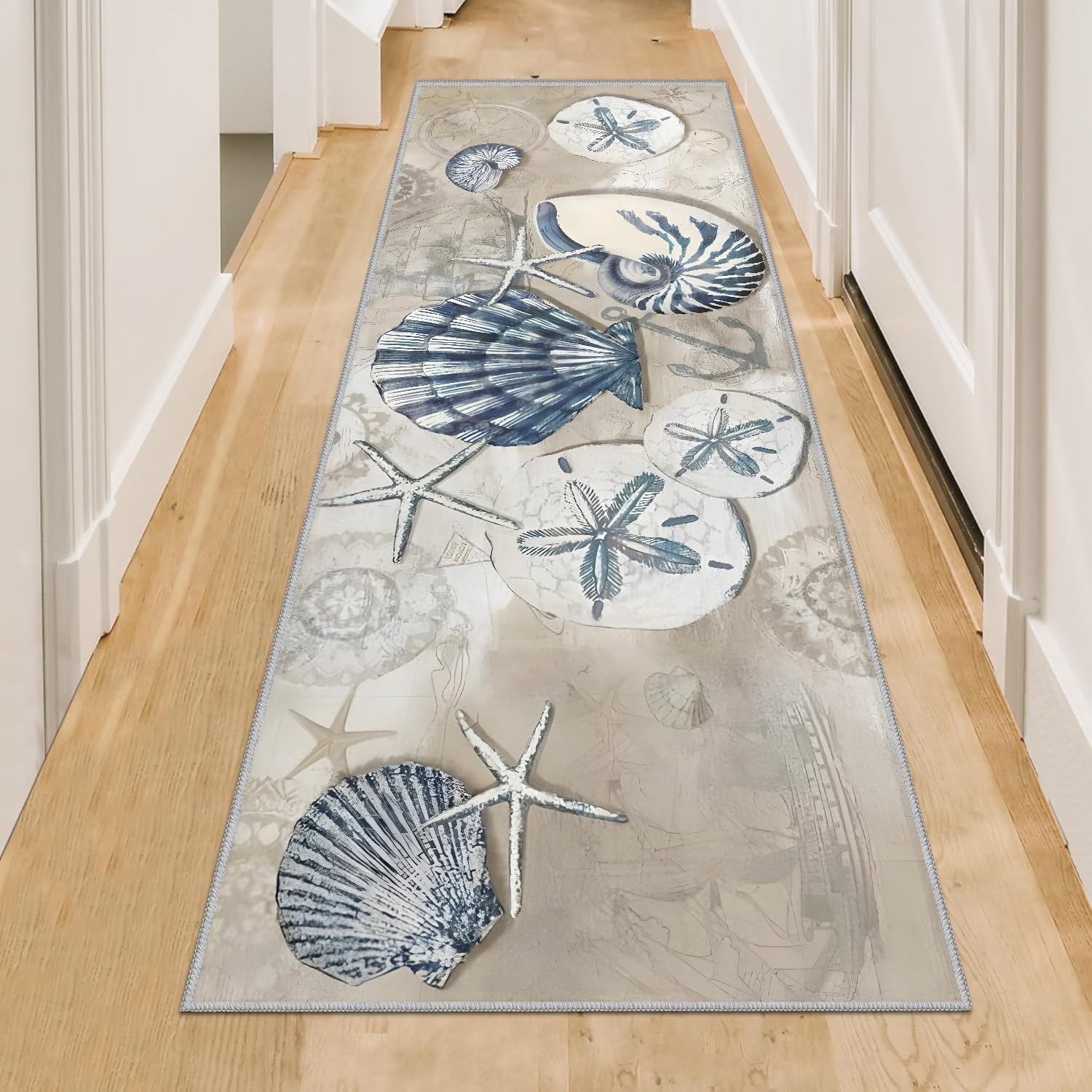 Nautical Ocean Theme Runner Rug, 2x6ft Anti-Slip Durable Soft Entrance Rug, Tropical Beach Shell Long Hallway Runner Rugs, Fade Resistant Washable Carpet for Nursery Kitchen Bedside
