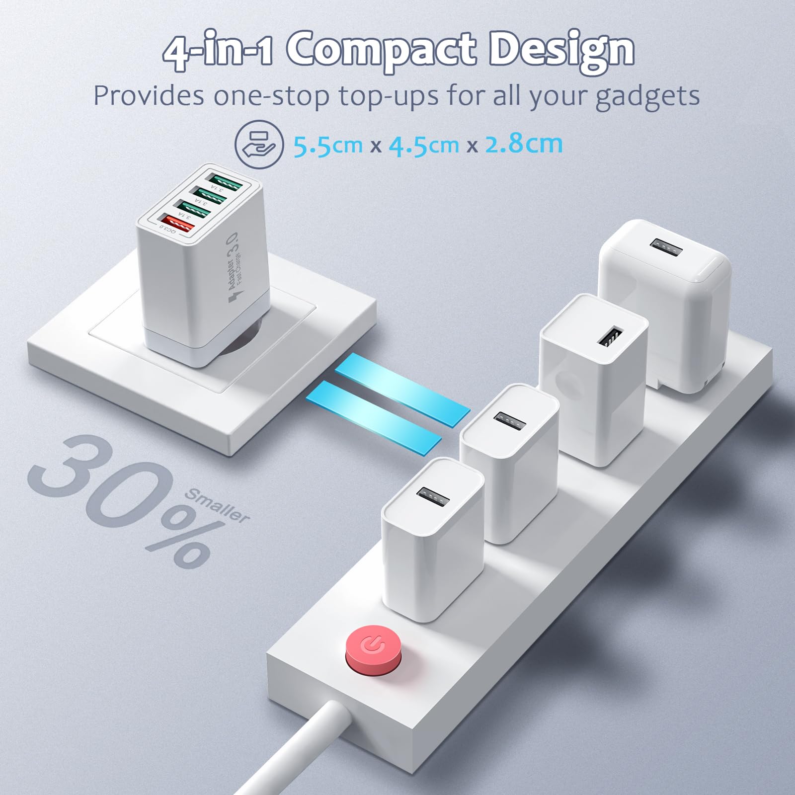 Ładowarka USB, Cshare 4-portowa wtyczka ładująca 33 W z szybką ładowarką QC 3.0, wielokrotna, zasilacz USB do iPhone'a 15, 14, 13, 12, 11 Pro Max Plus, iPada, S24, S23, telefonu komórkowego