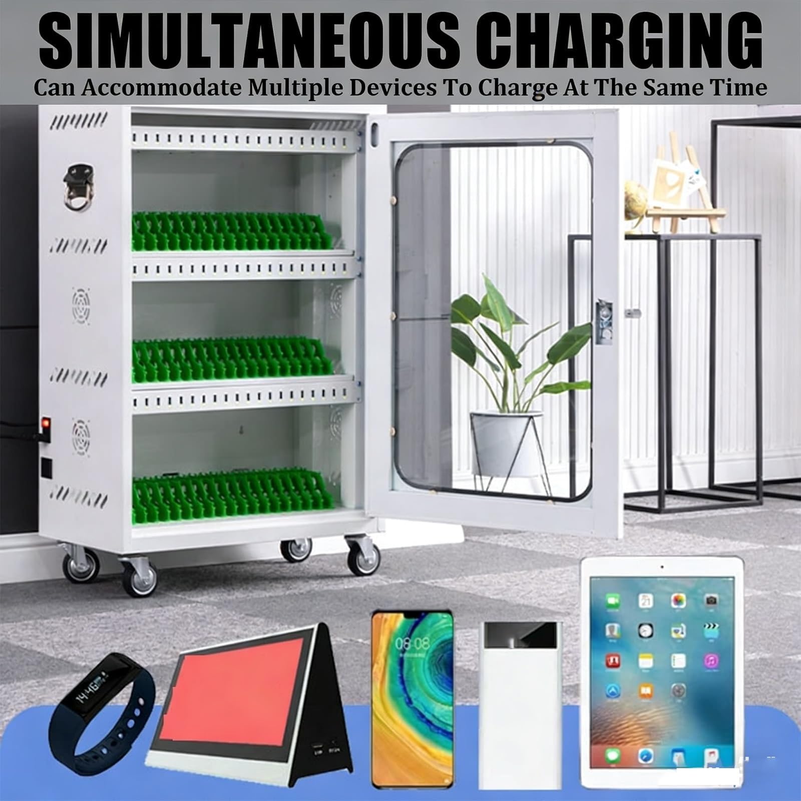 Carrello di ricarica per dispositivi mobili, armadietto per stazione di ricarica per tablet con serratura sicura, organizer di ricarica USB per scuola, ufficio e hotel, opzioni da 20 a 60 porte