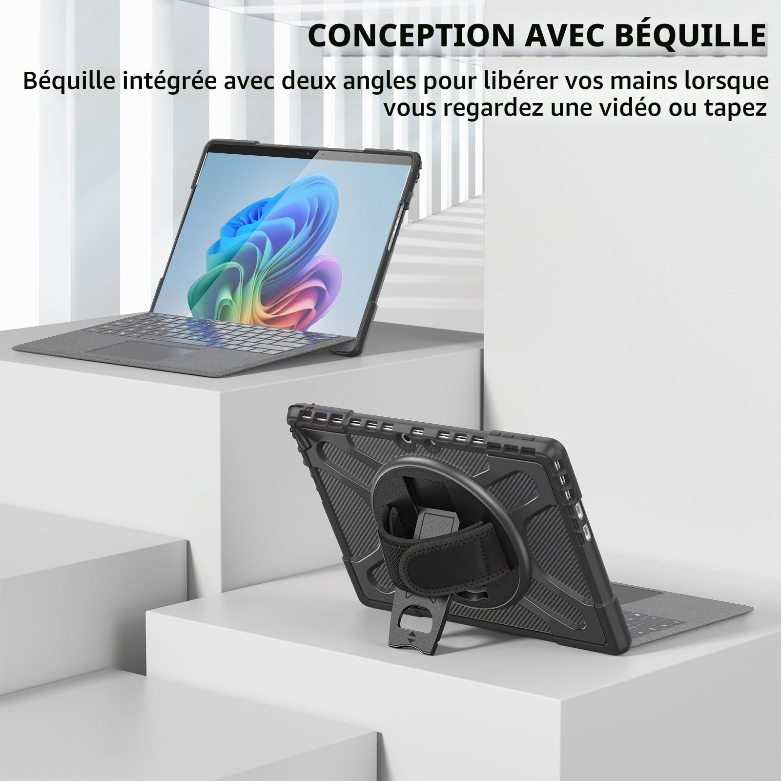 Gerutek Coque pour Microsoft Surface Pro 13" 2026/Pro 11/Pro 10/Pro 9(2024/2022), Housse de Robuste avec Support Rotatif et Dragonne, Clavier installable, Antichoc Étui Protection Surface Pro 13, Noir