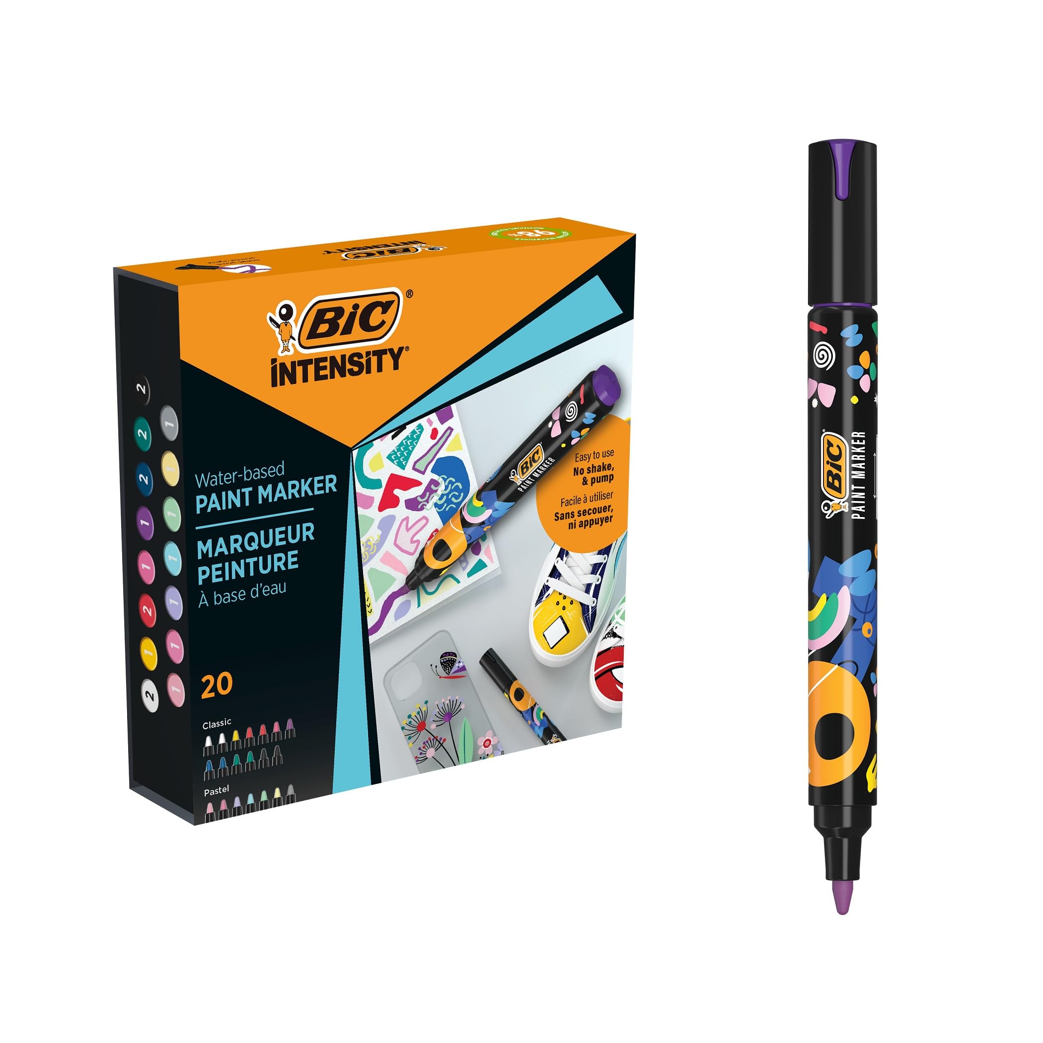 BIC Intensity Paint Marcadores con Punta Media para Múltiples Superficies, No Tóxicos - Colores Clásicos y Pastel Surtidos, Caja de 20