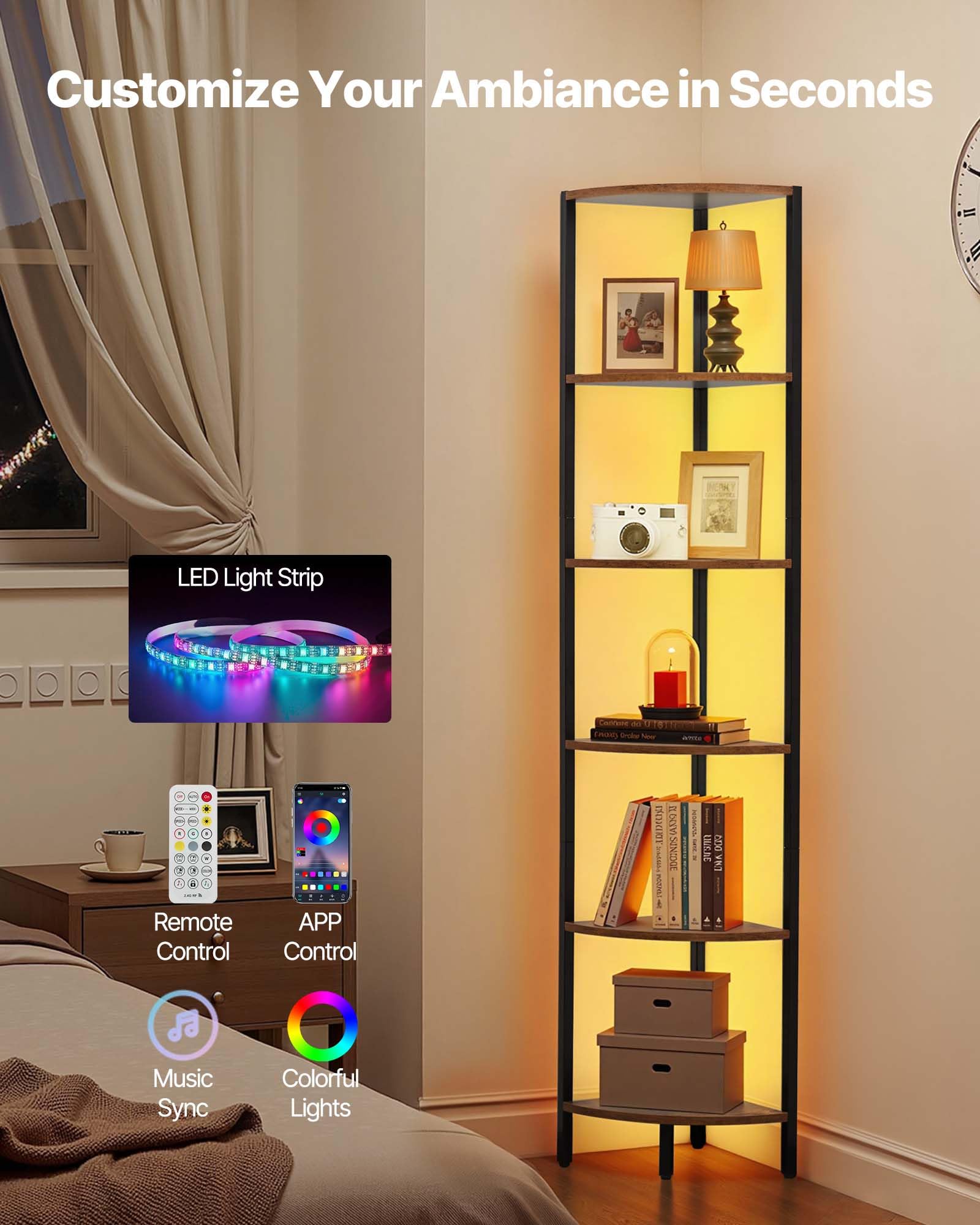 VEVOR Eckregal mit 6 Ebenen, hoher Eckständer mit LED-Licht, Displayregal Lagerregal mit Metallrahmen & Holzregalen, Standregal Ausstellungsbücherregal für Schlafzimmer Wohnzimmer Büro Braun