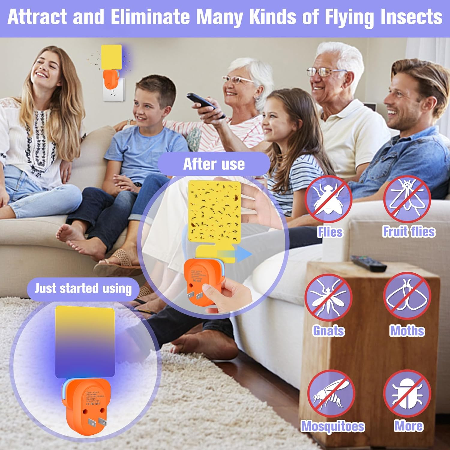 Flying Insect Trap Plug-in, Indoor Mosquito & Gnat Killer, Safe Non-Toxic UV Light Fly Catcher, Night Light Bug Trap with Sticky Pad for Flies, Gnats, Moths (1 Pack, Bright Orange)