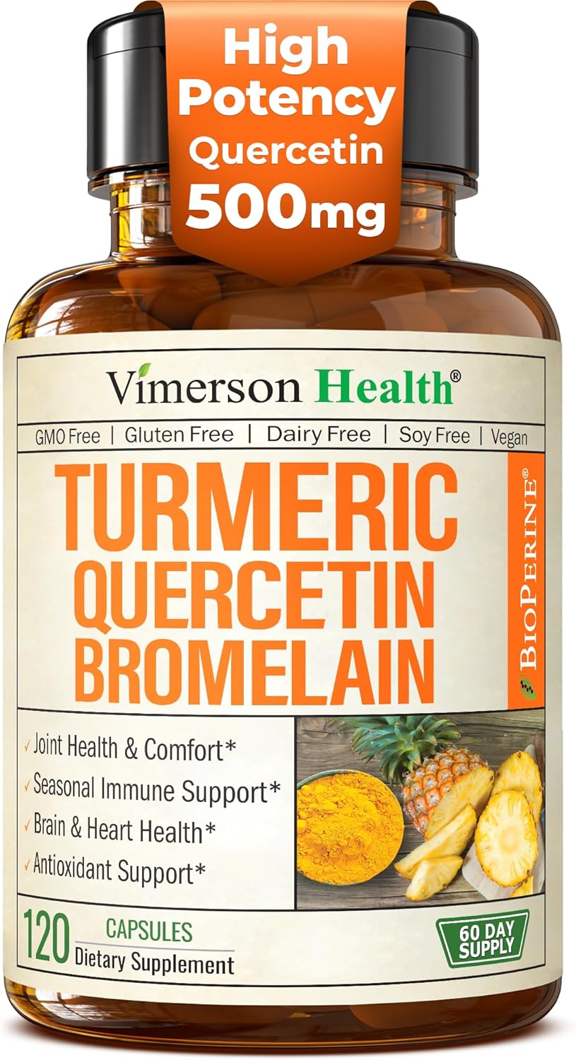 Quercetin with Bromelain Turmeric Curcumin Supplement – Allergy Relief, Immune & Joint Support – Organic Turmeric Supplement w/Bioperine for Enhanced Absorption, 120 Quercetin 500mg Capsules
