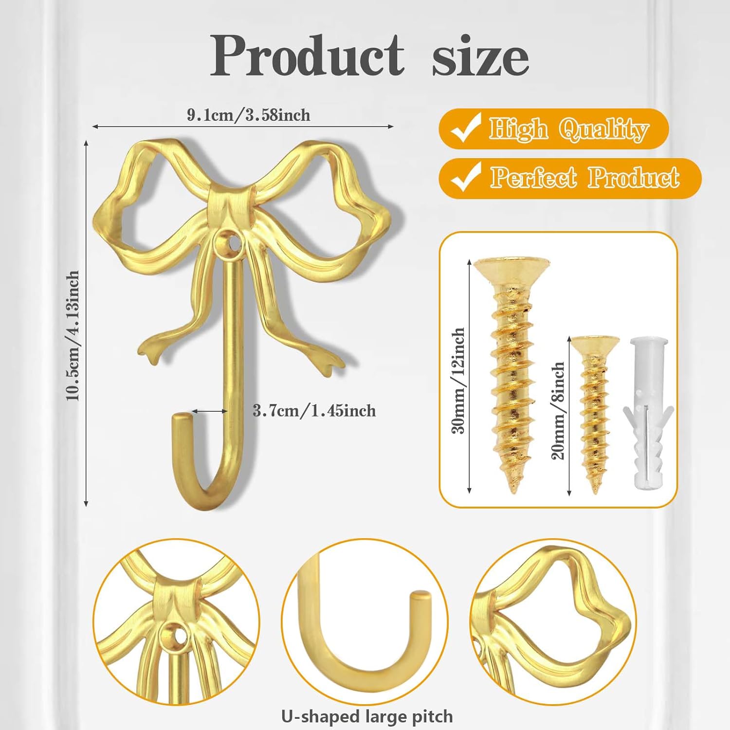 4 PCS Large Size Gold Bow Wall Hook, Gold Coat Hook, Metal Hooks, Bow Room Decor Hooks for Coats, Coffee Mugs, Hats, Bags, Bath Towels and Room Decorations