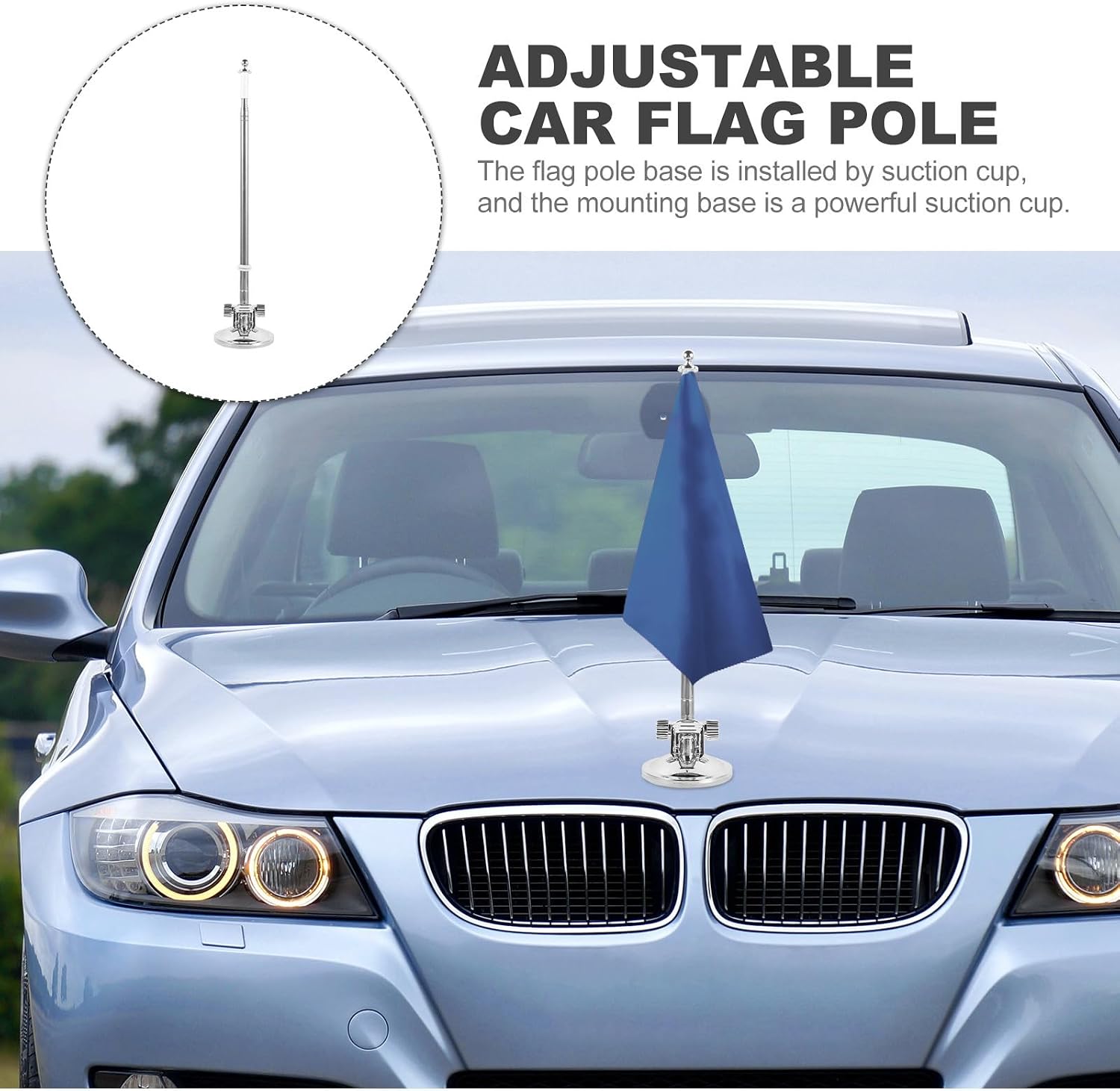 COLLBATH Stainless Steel Suction Cup Flag Pole Stand for Car, Weather Resistant Flagpole Mounting Base with Adjustable Telescopic Rod, Outdoor Vehicle Flag Holder for Highway and Parade Use image 3