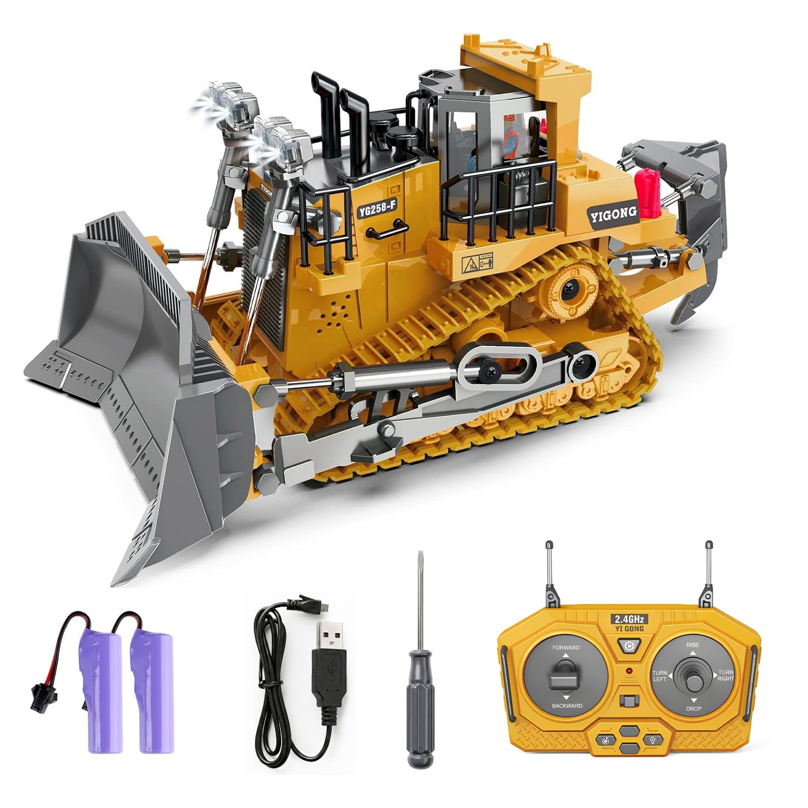 DUKUSEEK 1:20 Scale RC Bulldozer, Mini RC Construction Models with 2 Rechargeable Batteries, Light & Sound, 9 Channel 2.4 GHz Remote RC Building Toy Gifts