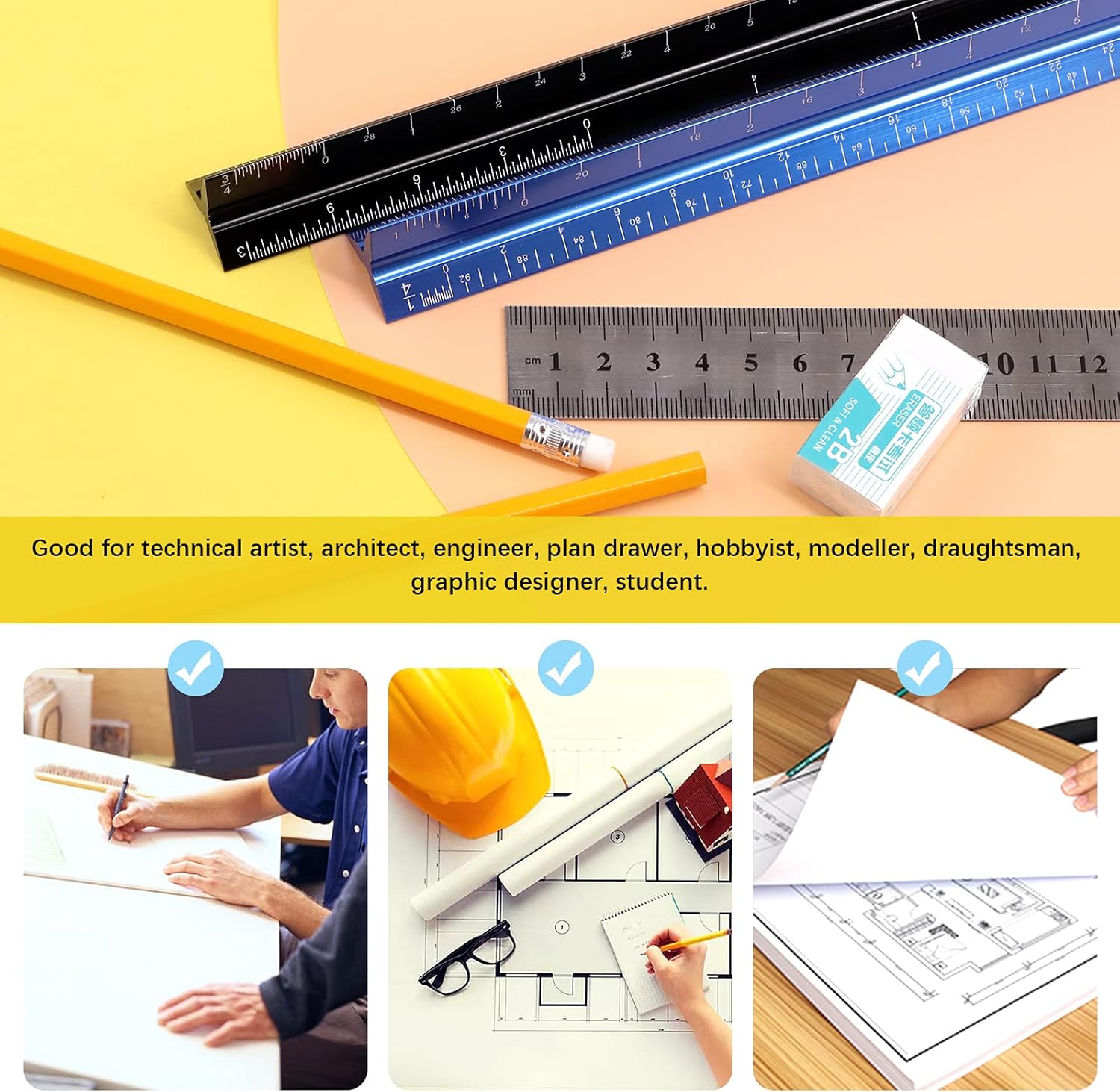 Mardatt 9pcs 30cm Laser-Etched Aluminum Architect Triangular Scale Architectural Drafting Tool Set Including 5pcs Pencil, Eraser and Standard Metal Standard Ruler for Architects, Draftsman, Students : Office Products