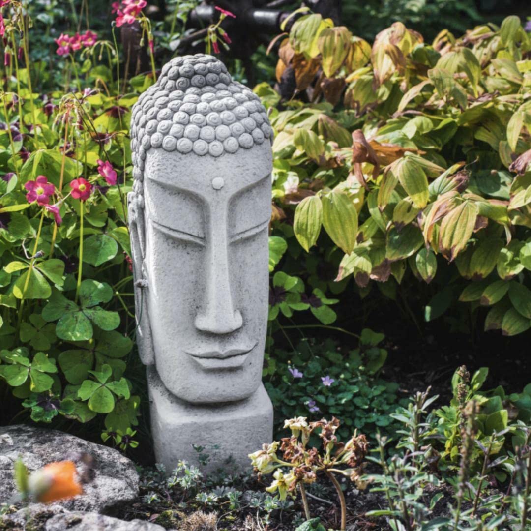 Discount Garden Statues Antique Grey Dgs Statues – Stone Cast, Traditional Temple Buddha Head With Square Base, Hand Finished, Statue, Sculpture