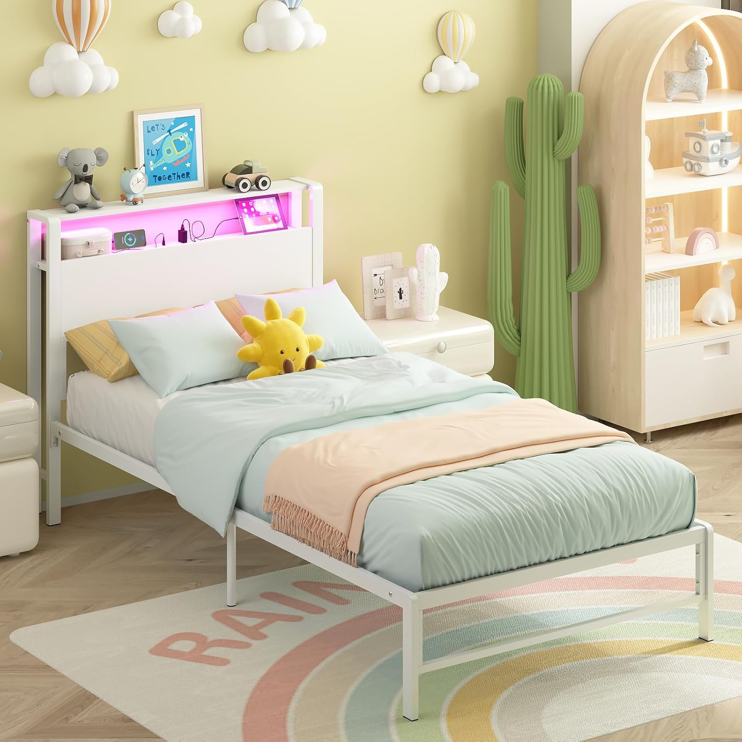 Weehom Twin Bed Frames with 2 Tiers Wood Storage Shelves Headboard, Twin Size Bed with Charger Stations and LED Light Under Bed Storage Space Platform Bed for Kids, Girls and Adults, White - Image 3