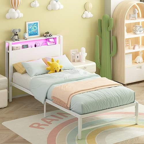 Miniatura 3 de Weehom Estructuras de Cama Individual con Estantes de Almacenamiento de Madera de 2 Niveles en el Cabecero, Cama Tamaño Individual con Estaciones de