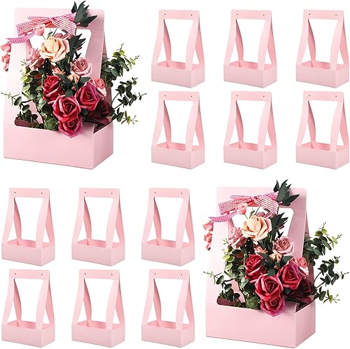 Teling 12 cajas de flores para arreglos, bolsas de flores para ramos de flores, bolsa de regalo de flores de papel, portátil, impermeable, con asa,