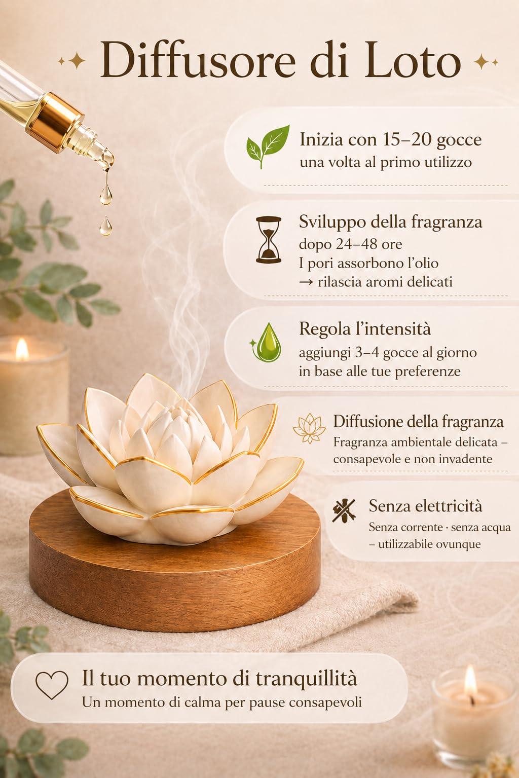 Lotus Aroma Diffusore – Pietra profumata fatta a mano in gesso con base in legno | Aromaterapia naturale senza elettricità | Include olio profumato Amber Serenity da 10 ml