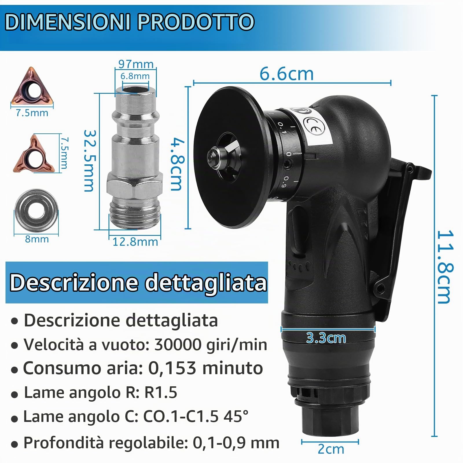 LALAGO Mini Smussatrice Pneumatica Portatile 2 in 1, Air Chamfering Tool con lame angolari 6C&6R, Mini Strumento ad Arco di 45 Gradi per Smussatura ad Aria Utensile per Taglio e Sbavatura dei Metalli