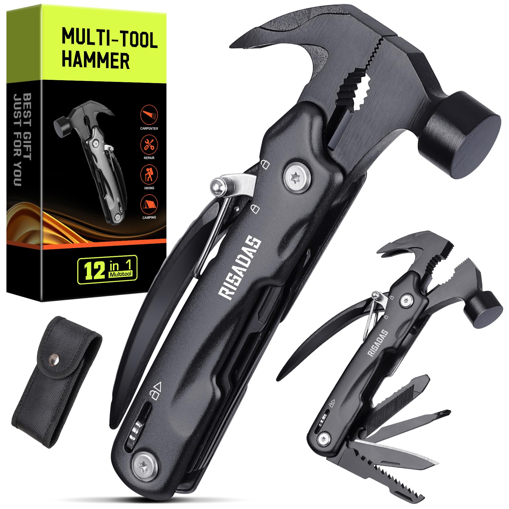 risadas Multitool - 12-in-1 Stainless Steel Hammer with Nylon Pouch - Stocking Stuffers for Men, Gifts for Men, Dad, Husband - Multitool Hammer for Camping, Hiking-picture-24