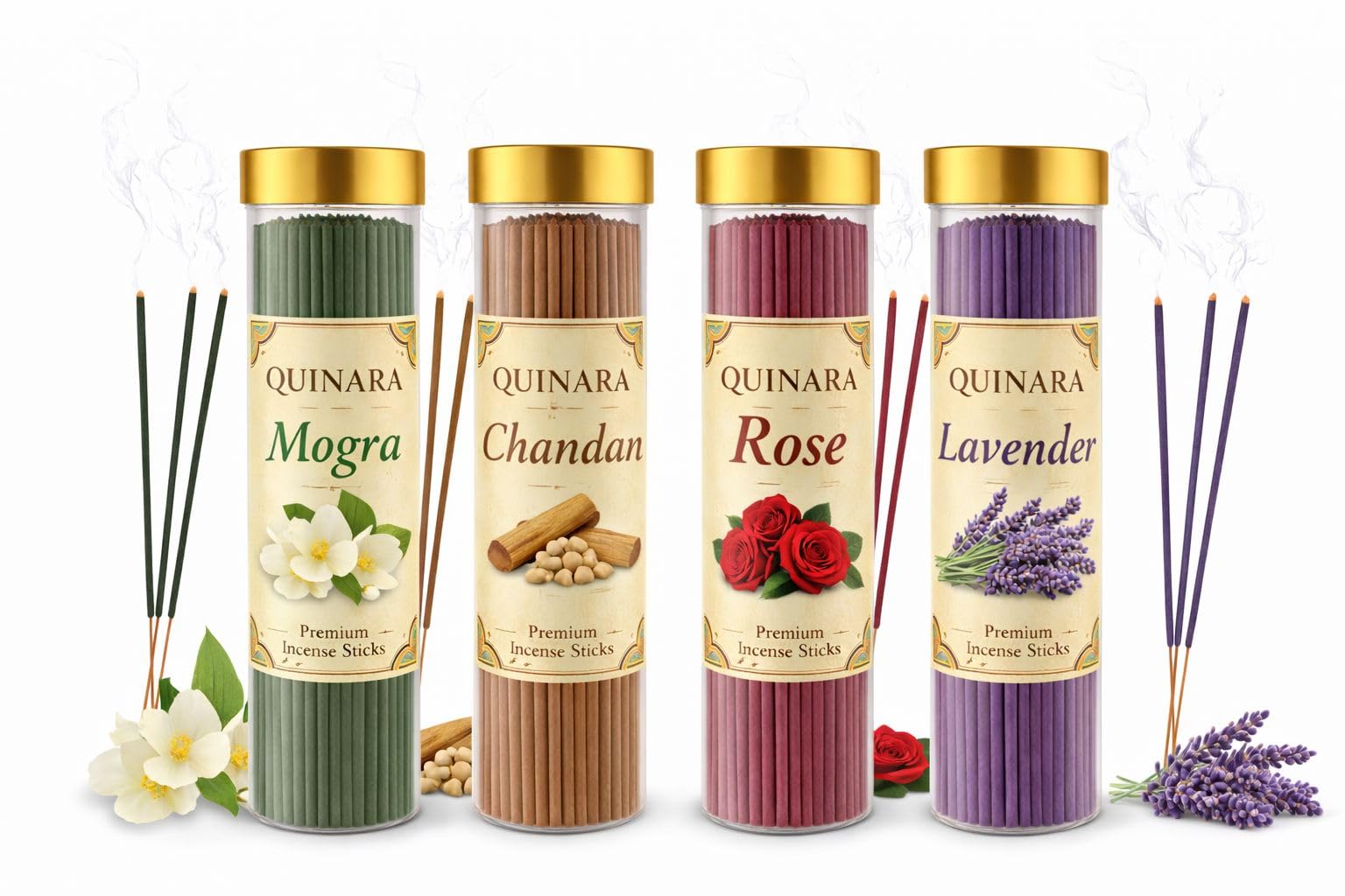 Quinara Premium Incense Sticks Pack of 4 I Fragnanace- Mogra, Chandan, Rose & Lavender, Natural Ingredients, Long-Lasting Fragrance, for Meditation Prayer Relaxation I 100 gm Sticks Each Jar-image-5
