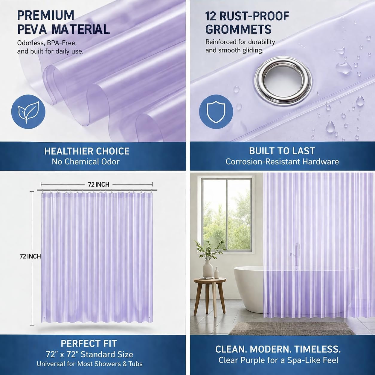 EHZNZIE Purple Shower Curtain Liner 72x72, PEVA Waterproof Bath Curtain, No Chemical Smell, 3 Weighted Magnets, Durable with Rustproof Metal Grommets image 3