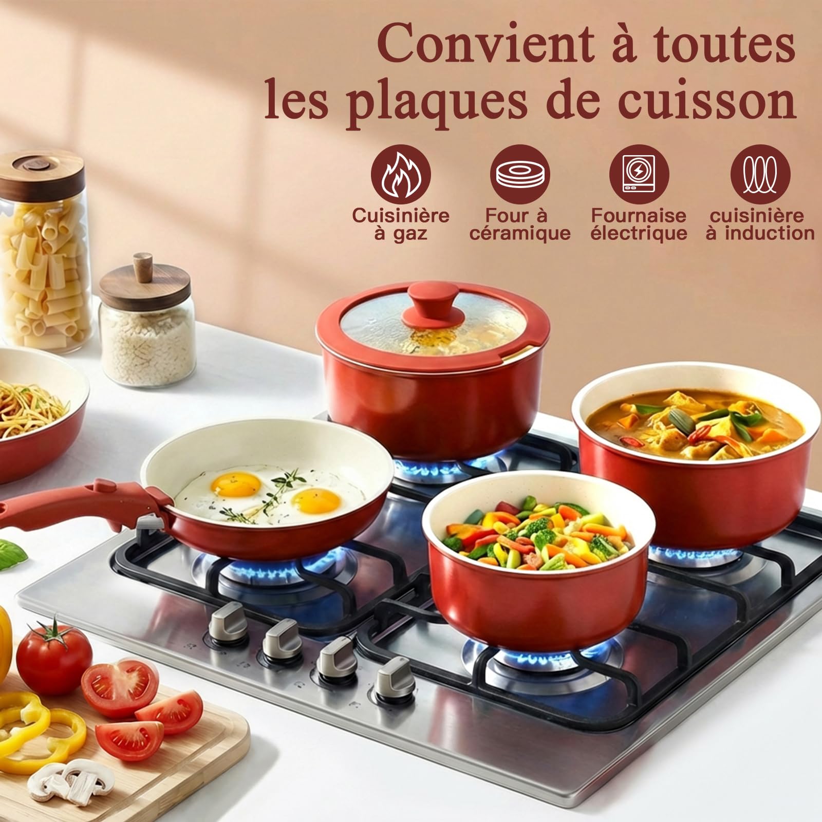 GiPP 5 PCS Set Poele et Casserole Induction Antiadhésive en Granit,Rouge | Batterie de Cuisine Tout Feux, Inclure Poêle/Casserole/Wok, Poignee Amovible pour Camping, Compatible Lave-vaisselle et Fours