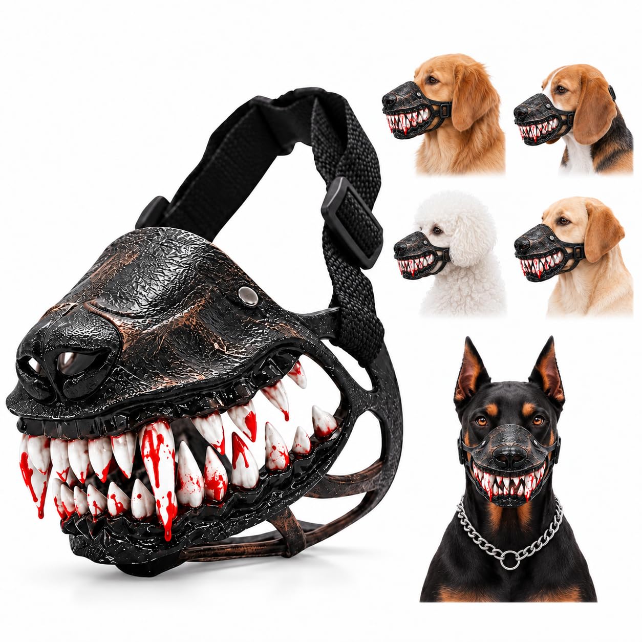 Hell Hound Dog Muzzle, Scary Monster Halloween Costume with Lifelike Teeth, Natural Latex Beast Mask for Party Cosplay Photo Shoots, Adjustable Straps