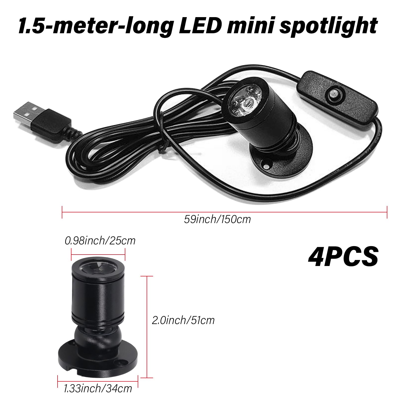 Lot de 4 mini spots LED USB 5 V à intensité variable avec interrupteurs, pour la maison, les bijoux, la décoration, la peinture