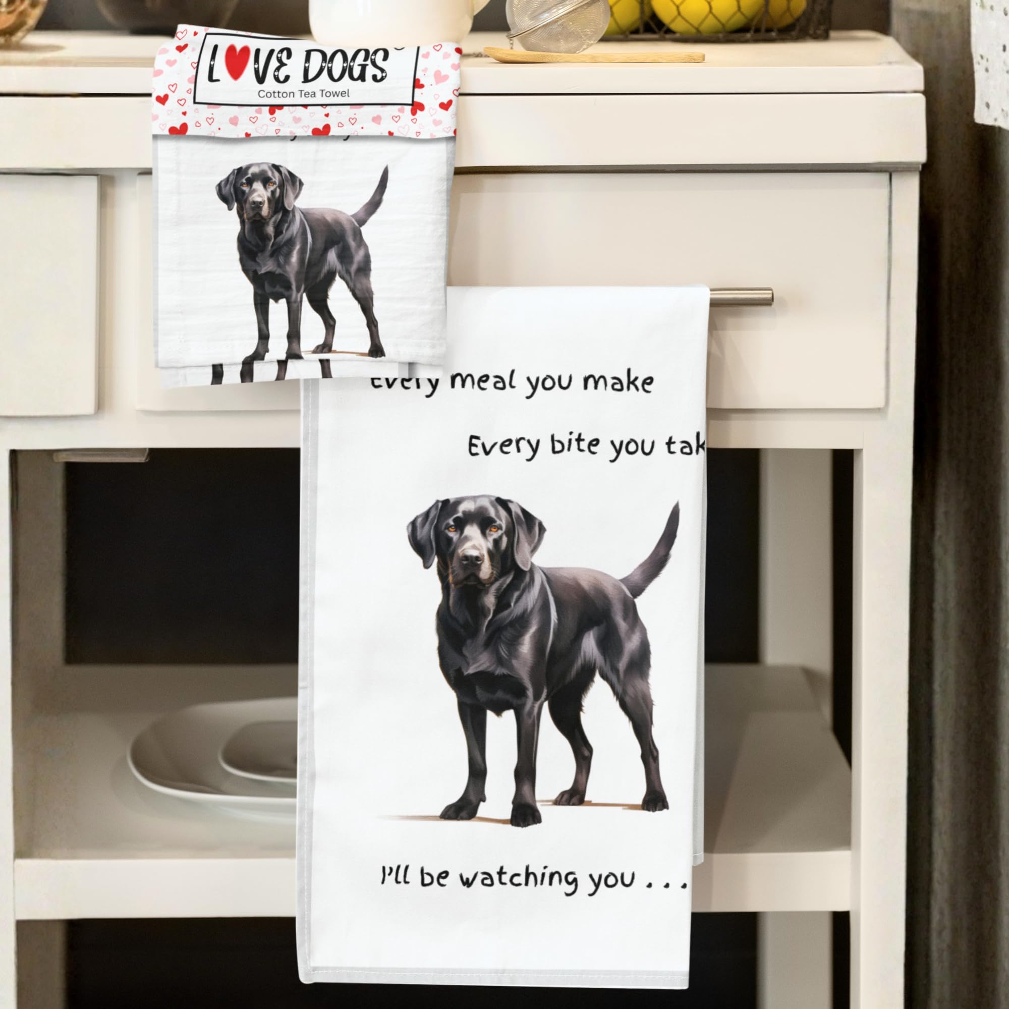 Black Labrador Dog gift Tea Towel Watching You wording fun stocking filler