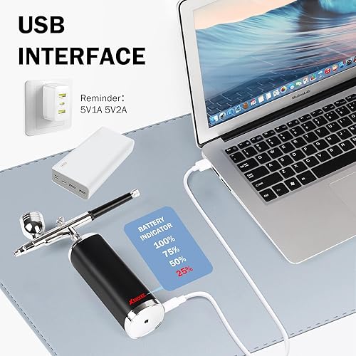 Miniatura 6 de XDOVET Kit de aerógrafo mejorado de 32 PSI con compresor de aire, kit de pistola de aerógrafo automático inalámbrico portátil, juego de aerógrafo de