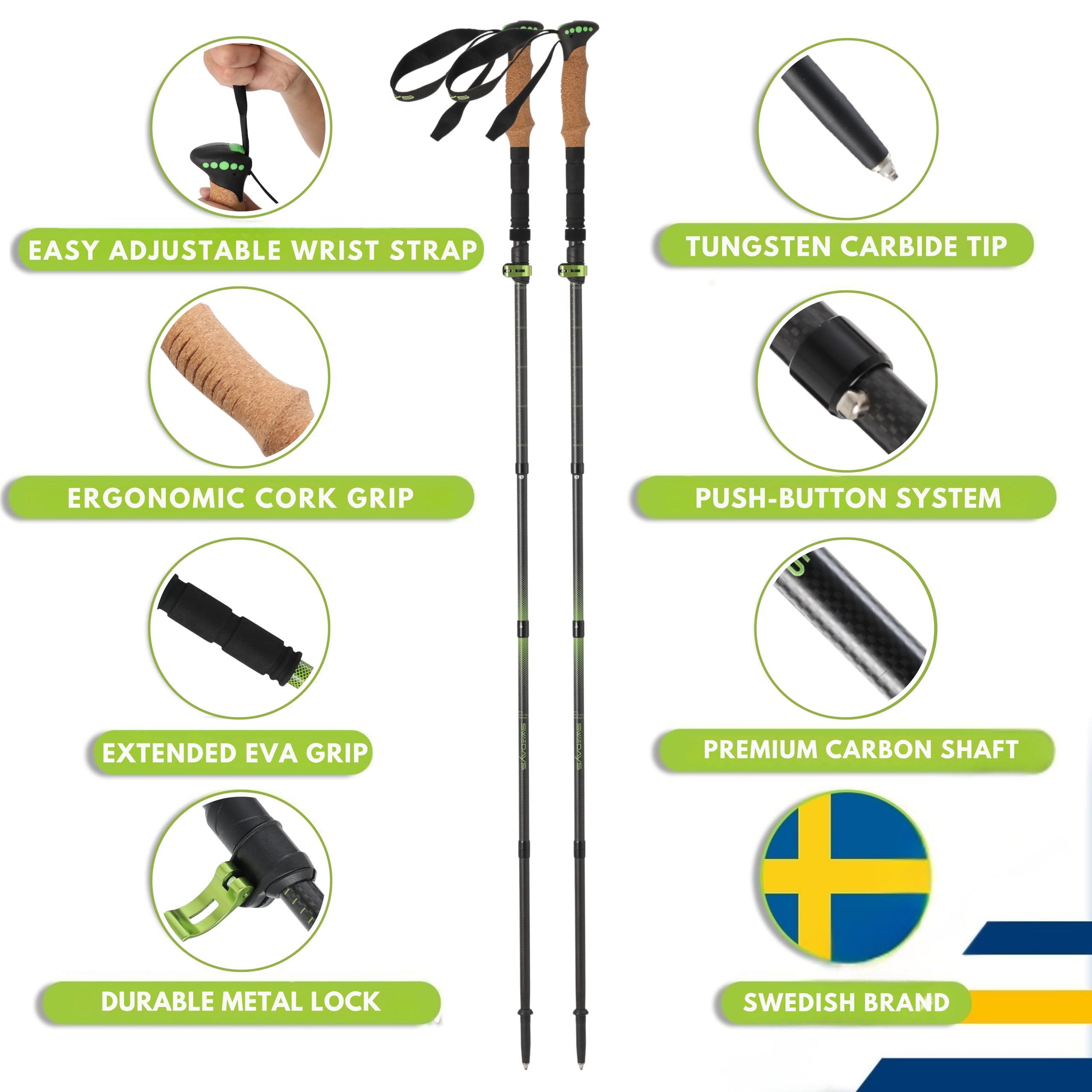 Kijki trekkingowe, składane, z włókna węglowego, do nordic walkingu, dla kobiet i mężczyzn, lekkie i regulowane, 115-135 cm, kijki trekkingowe z korkowym uchwytem i gumowym odbojnikiem