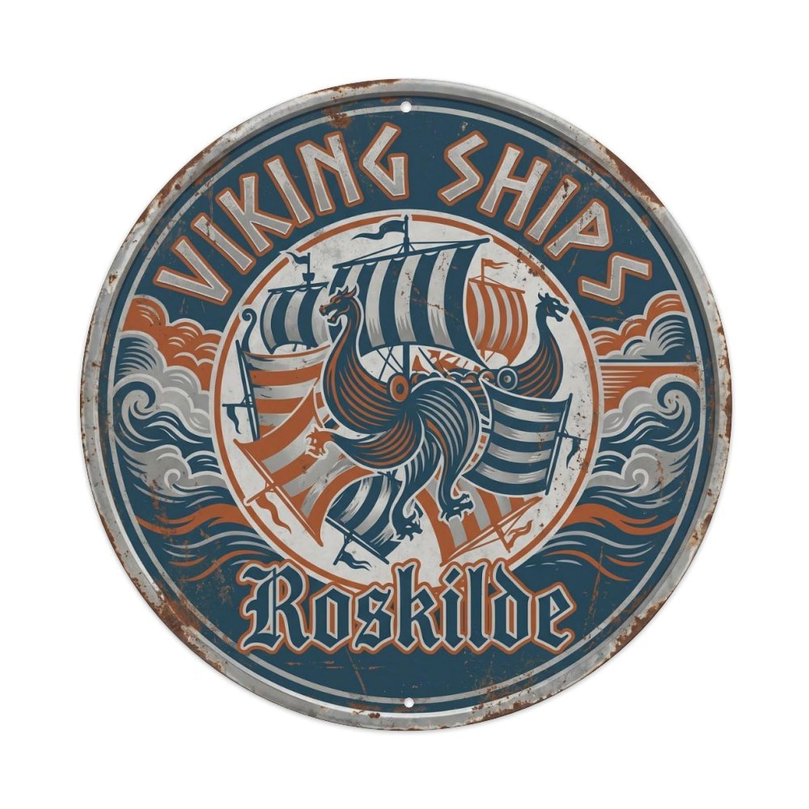 Cmhok Vintage Style-23 Vintage Travel Viking Roskilde Artwork Metal Tin Sign Plaque Wall Decor For Cafe, Club, Garden Round Metal Poster 8X8inch