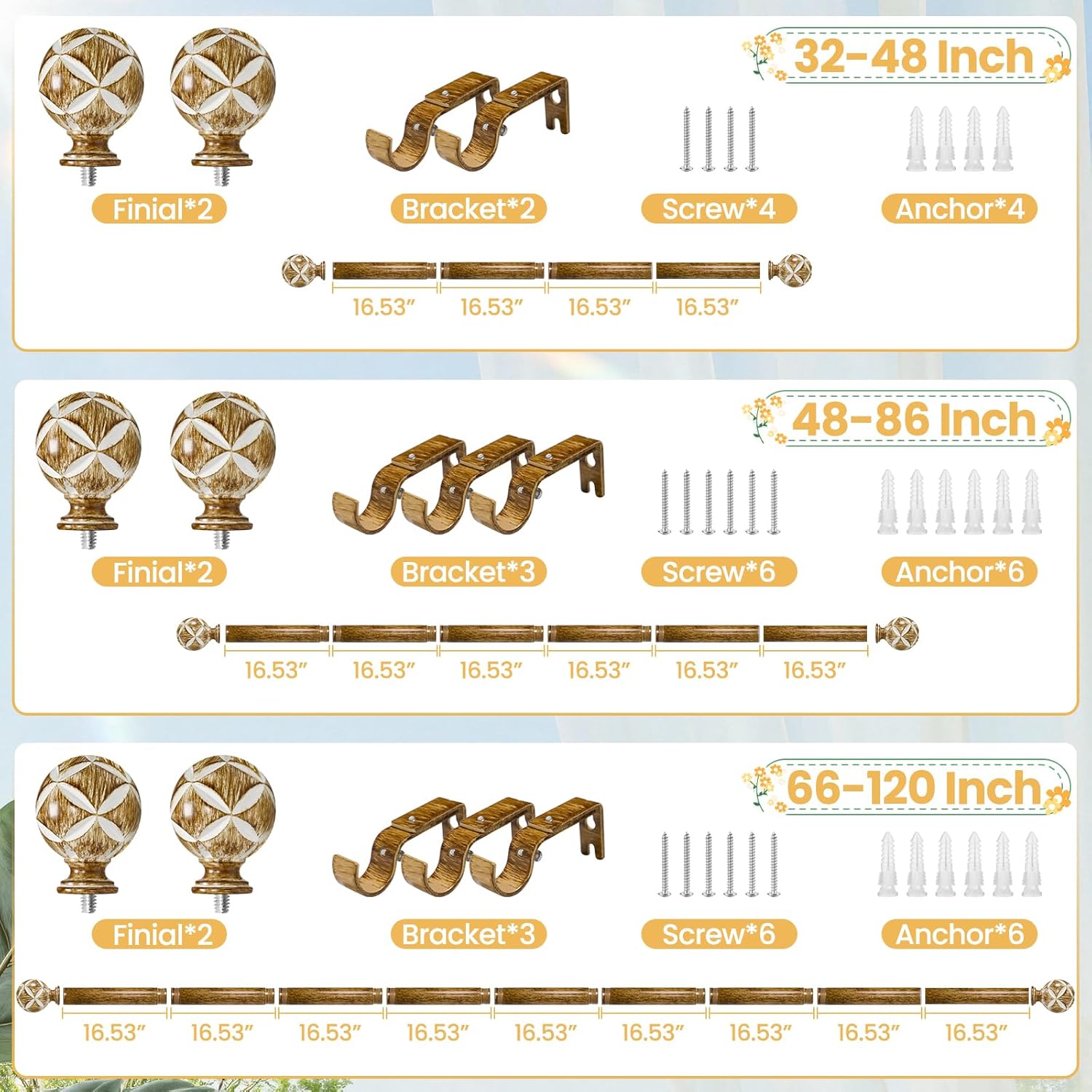 Wood Curtain Rods For Windows 66 to 120 Inches ，1 Inch Diameter Heavy-Duty Adjustable Decorative Curtain Rods With Four-Leaf Clover Carving Finials For Bedrooms & Living Rooms