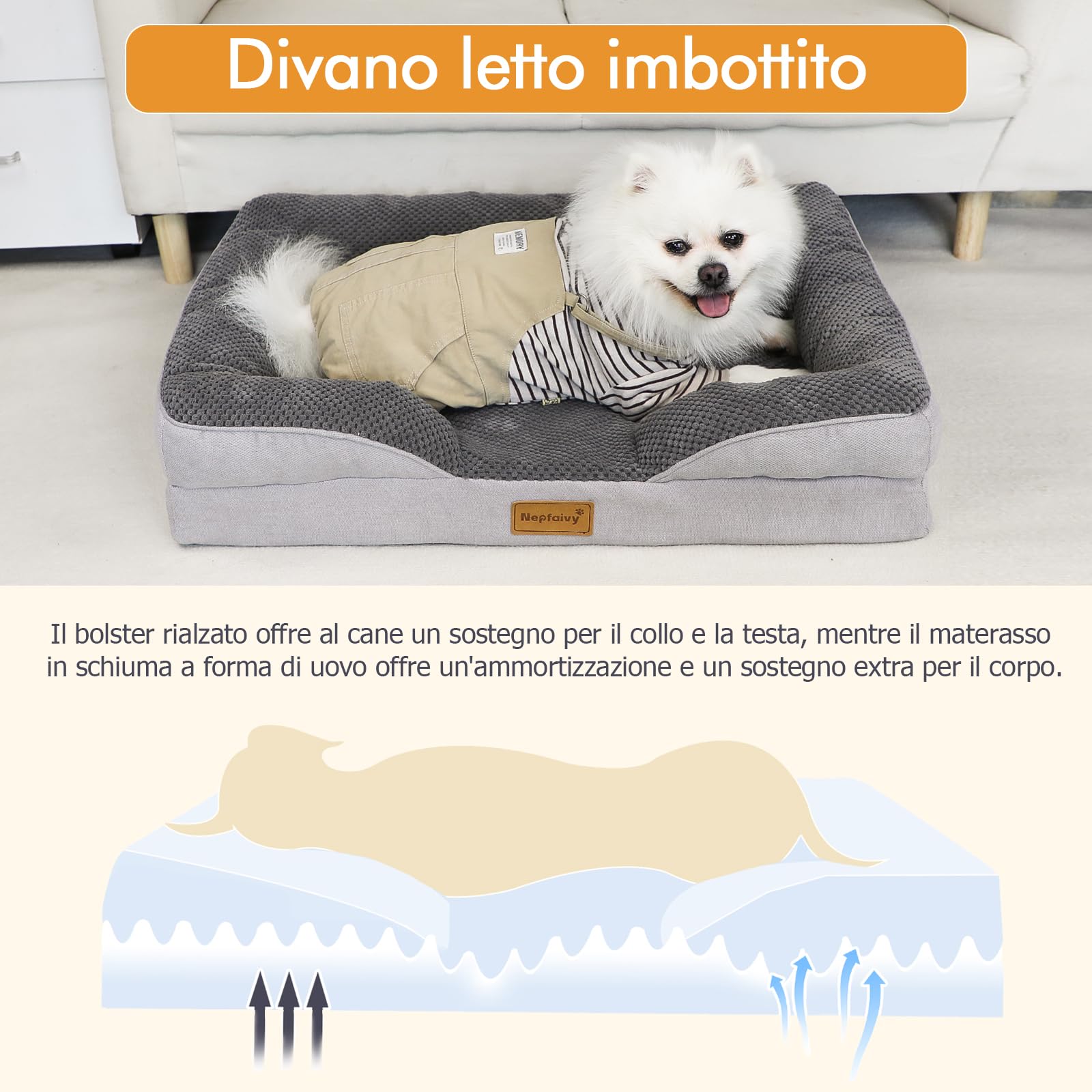 Nepfaivy Cuccia per Cani da Interno Grande - Cuccia Impermeabile per Cani di Taglia Grande con Rivestimento Rimovibile e Lavabile, Grigio Scuro, 91x68cm