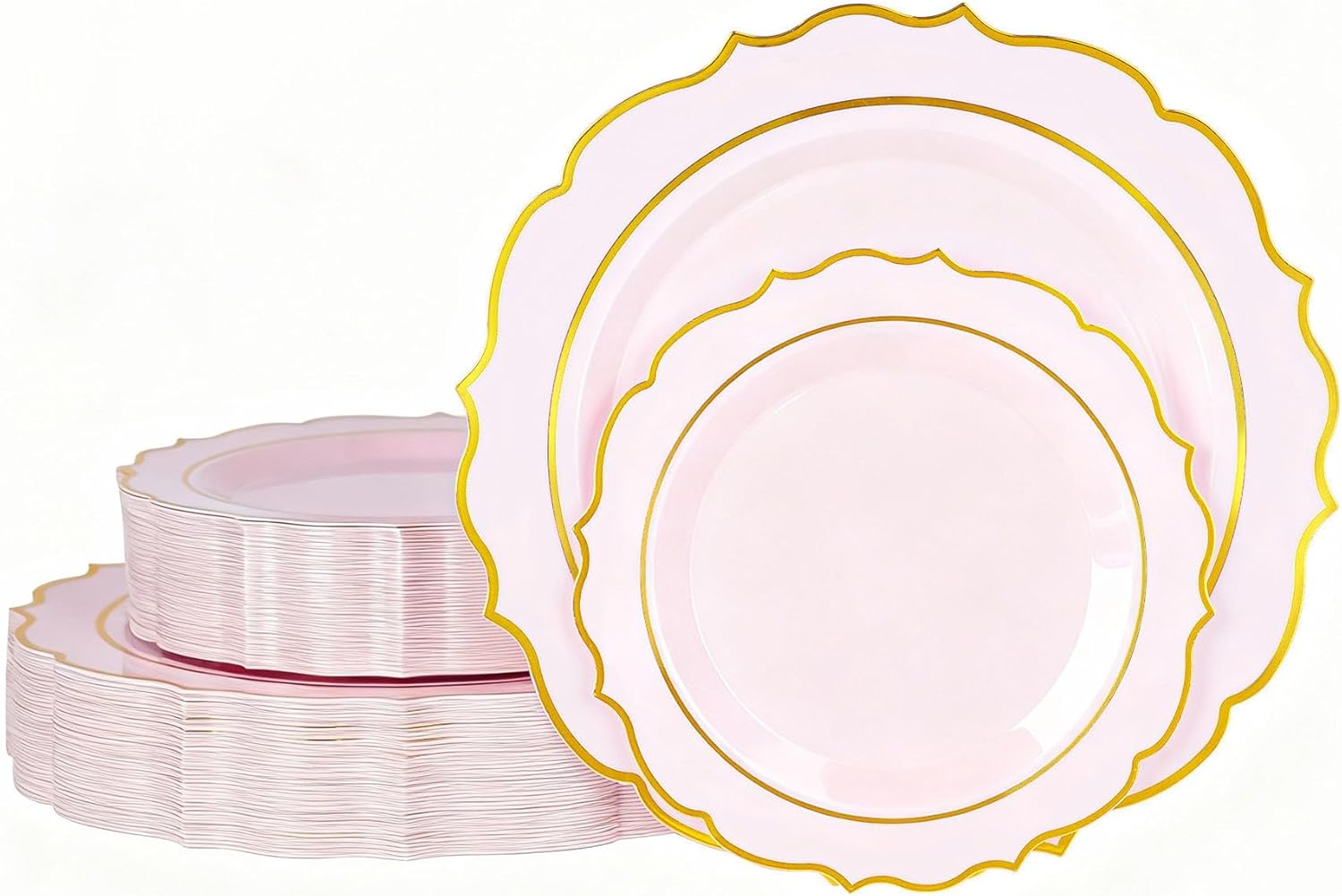 120PCS Pink Plastic Plates, Disposable Elegant Party Plate with Gold Rim, Heavy Duty 60 Dinner and 60 Dessert Fancy Plates for Party and Wedding