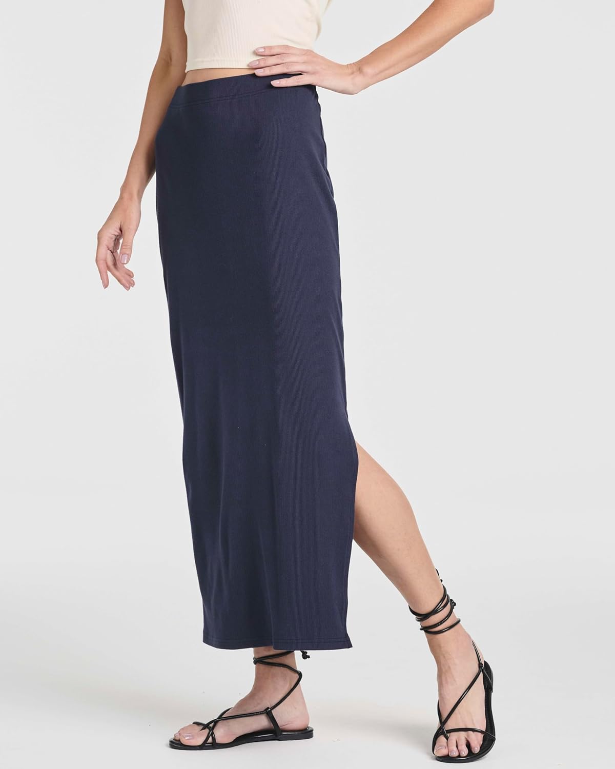 Real Essentials 3 Pack: Women's Ribbed High Waisted Maxi Skirt with Side Slit - Casual Long Pencil Skirt - Image 4