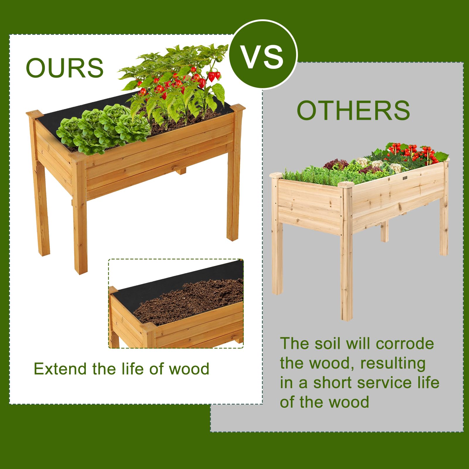 Udewo Revêtement en tissu pour grand bac à légumes extérieur surélevé, 2,9 m x 1,6 m, non tissé, noir, pour légumes, herbes, sacs de culture pour plantes – Taille L