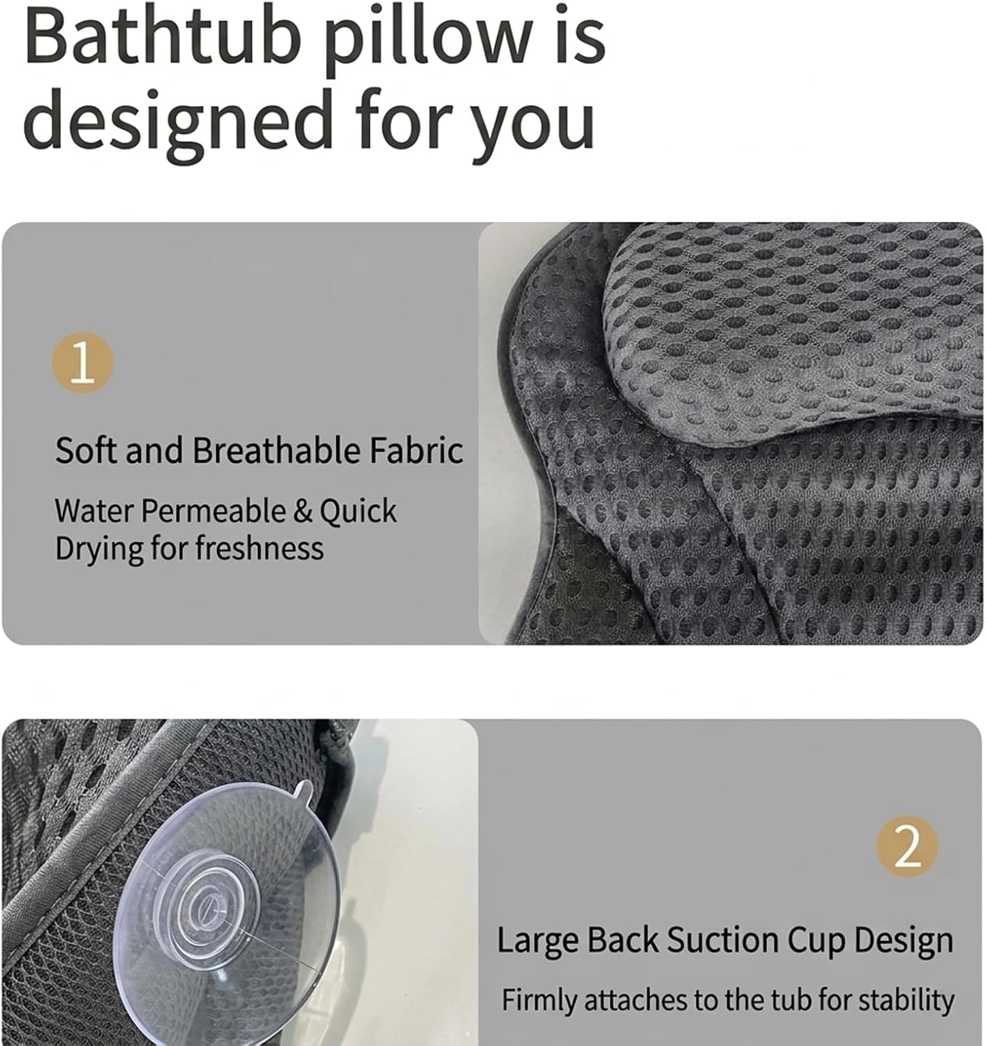 Bathtub Pillows for Tub,Bath Pillows for Head Neck and Back Support, 4D Air Mesh Ergonomic Tub Pillow for Bathtub with 6 Strong Suction Cups, Relaxing Bath Accessories Spa Gift for Woman, Grey