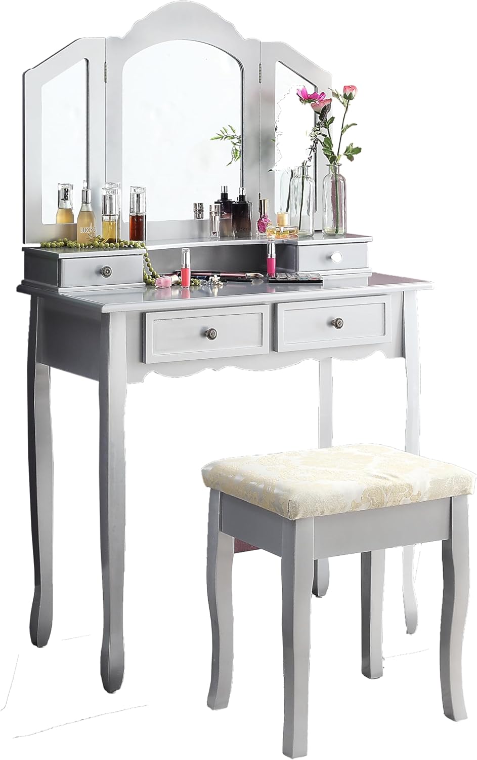 Wooden Vanity Make Up Table and Stool Set, Silver