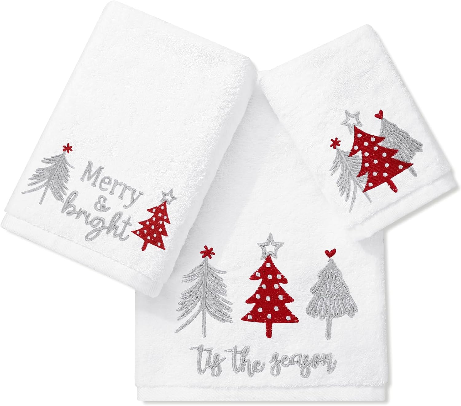 JarThenaAMCS Christmas Bathroom Towels Set of 3 Red Gray Xmas Tree Embroidered Cotton Bath Towel Hand Towel Wash Cloth for Holiday Hand Drying Shower Supplies