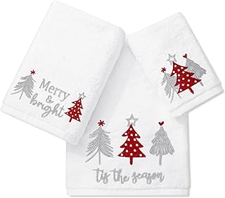 Christmas Bathroom Towels Set of 3 Red Gray Xmas Tree Embroidered Cotton...