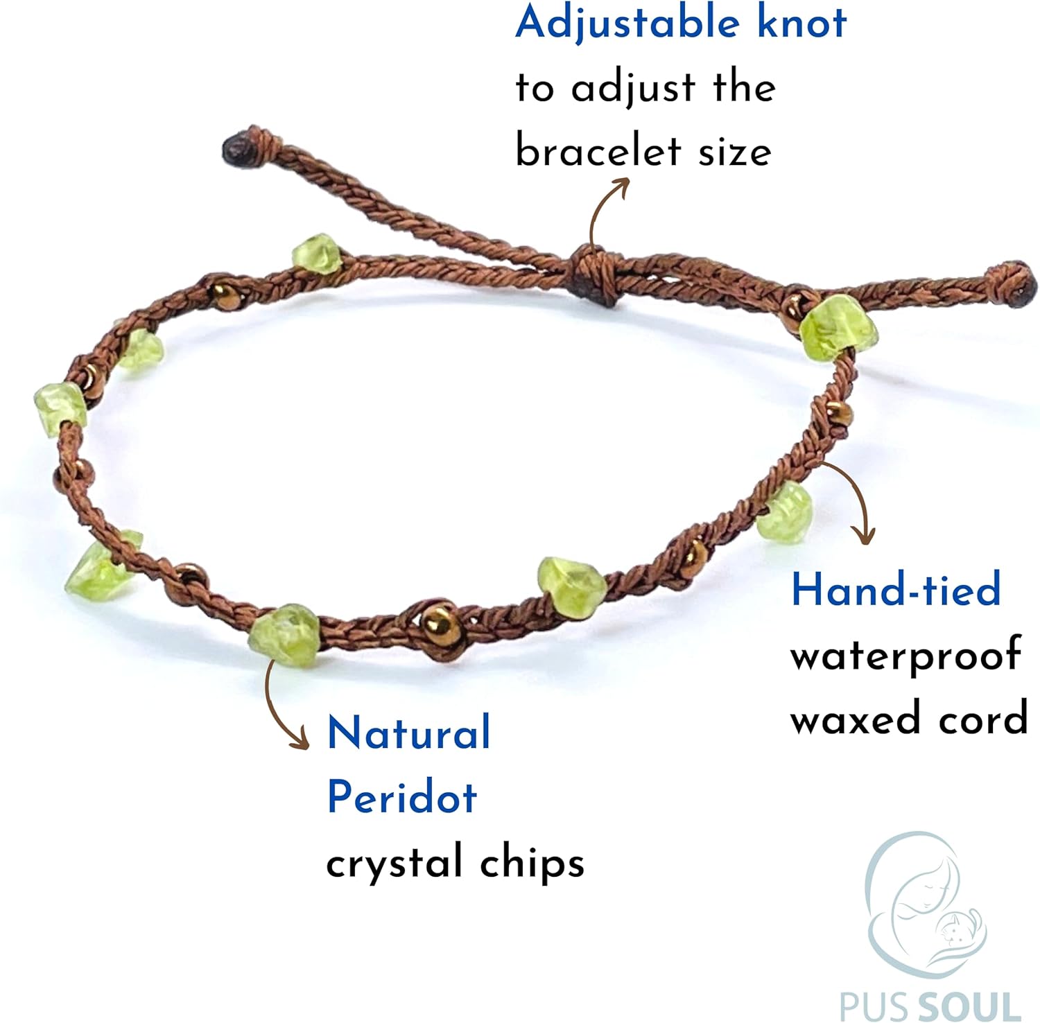 Handmade Peridot Small Crystal Bracelet (6.5-7.5'') - Adjustable & Plus Size, Natural Healing Crystal Chips, Waterproof, Chakra Beaded - Unusual Jewelry for Women, Girl & Friendship from PusSoul - Image 2
